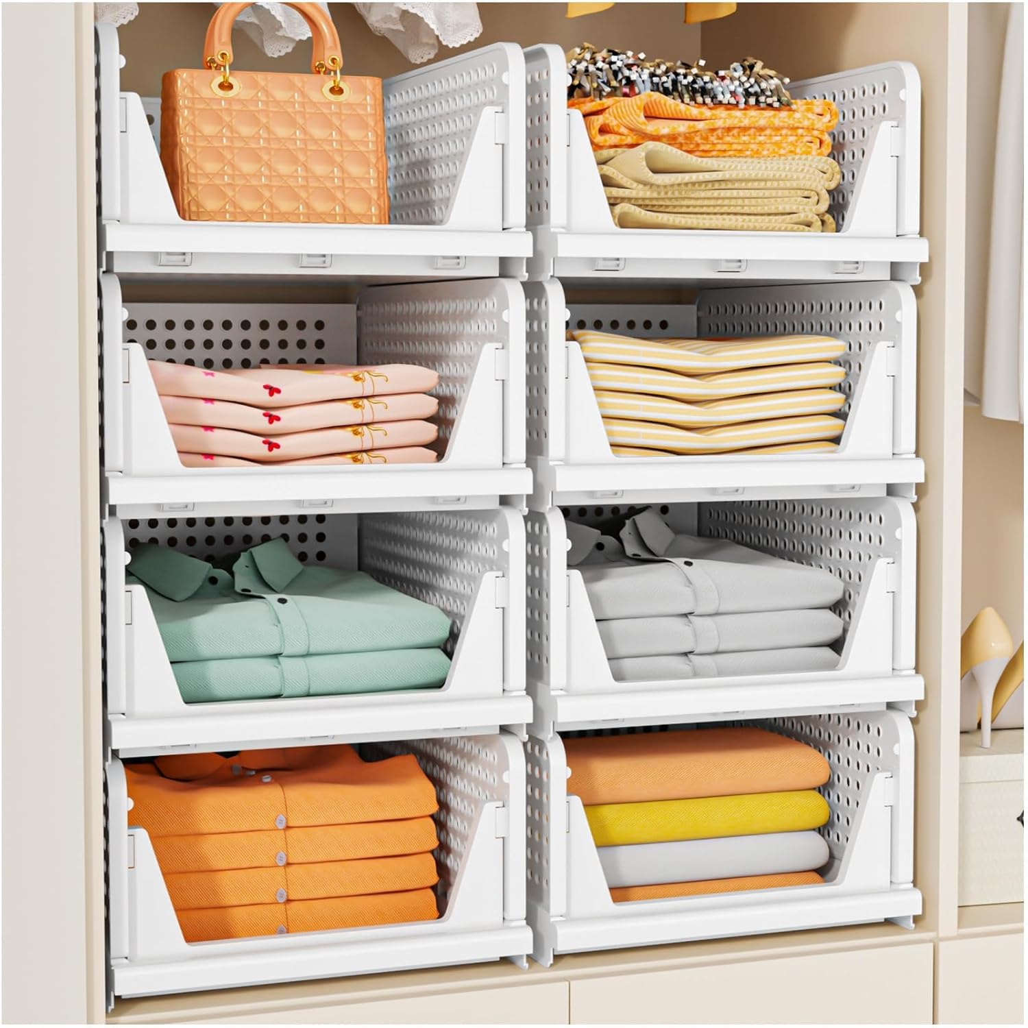 SNSLXH 5 Pack Stackable Closet Storage Basket, Multifunctional and Foldable Closet Organizer for Bathroom Kitchen Laundry Room Wardrobe Storage