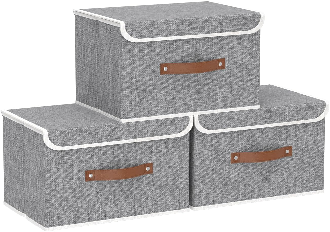 Yawinhe Storage Bins with Lids, Beige, 17.7x11.8x11.8in, 5-Pack, Fabric Container with Leather Handle, Washable Home Basket