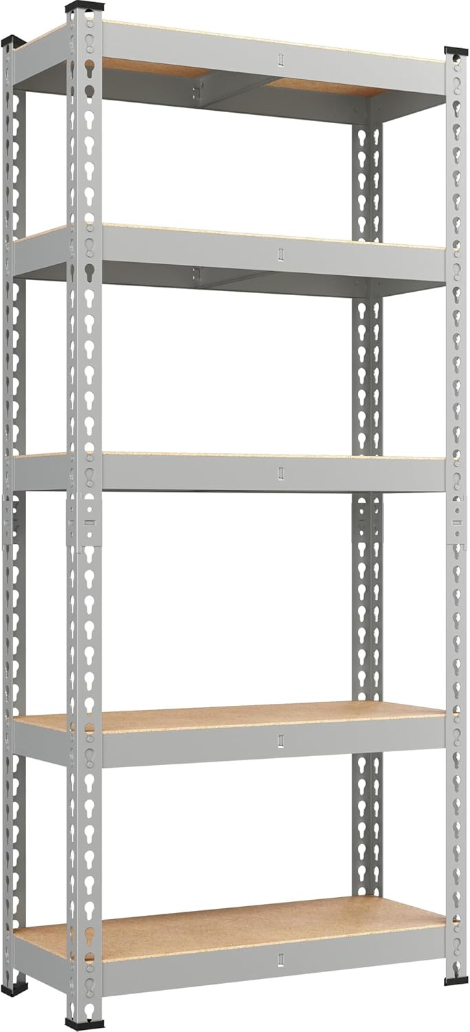 Yaheetech 5-Tier Heavy Duty Storage Shelves 28" W x 12" D x 60" H Silver, Boltless powder-coated metal frame and MDF boards assemble easily