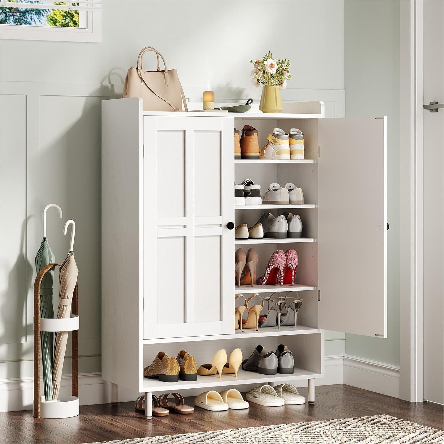 Shoe Cabinet with Cross Molding Doors, 6-Tier Shoe Storage Cabinet with 3 Adjustable Shelves and Metal Legs