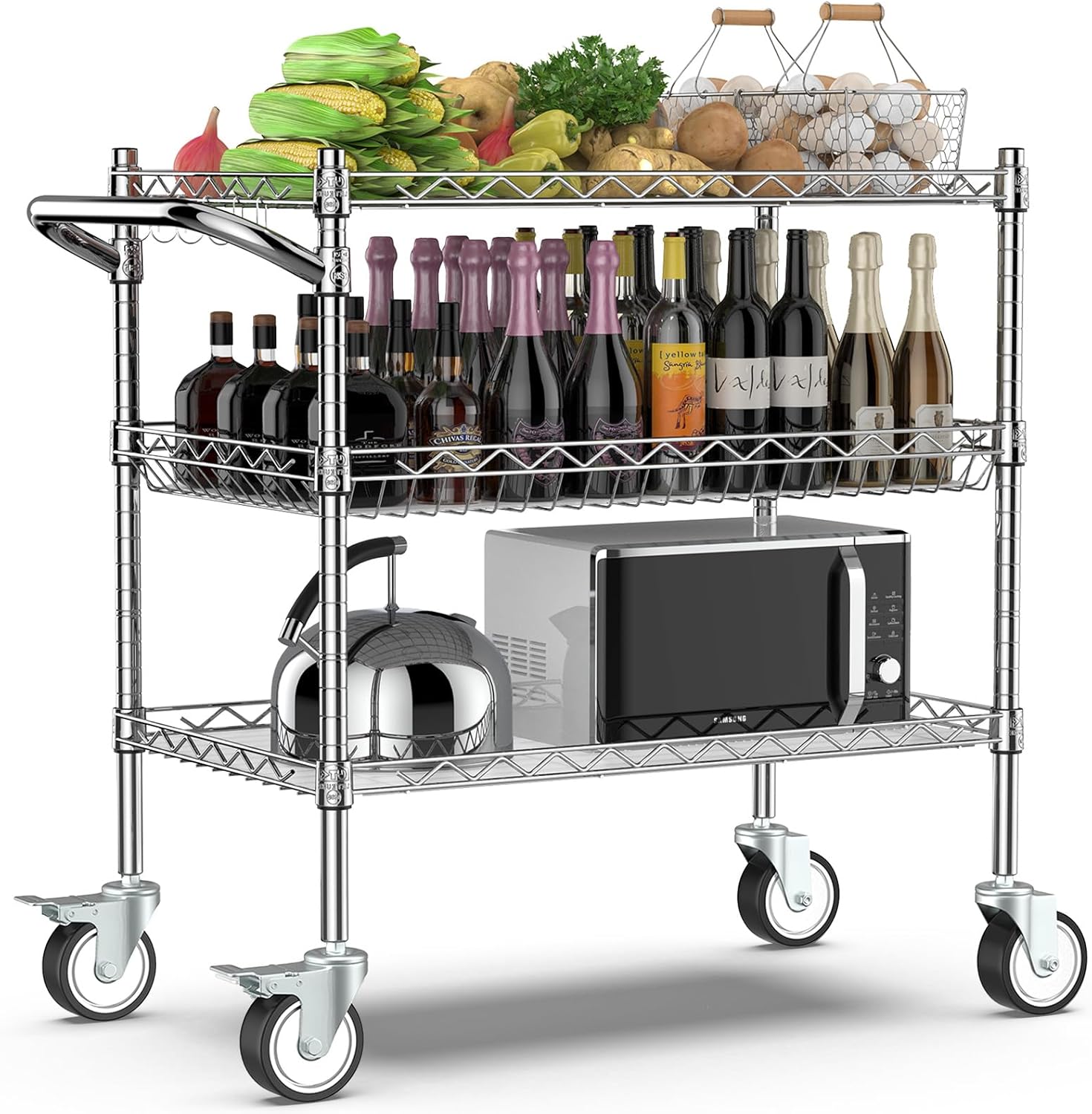 Leteuke Rolling Kitchen Carts with Wheels, 3-Tier Utility Cart with Wood Tabletop, NSF Commercial Metal Serving Cart with Handle and Shelf, Chrome