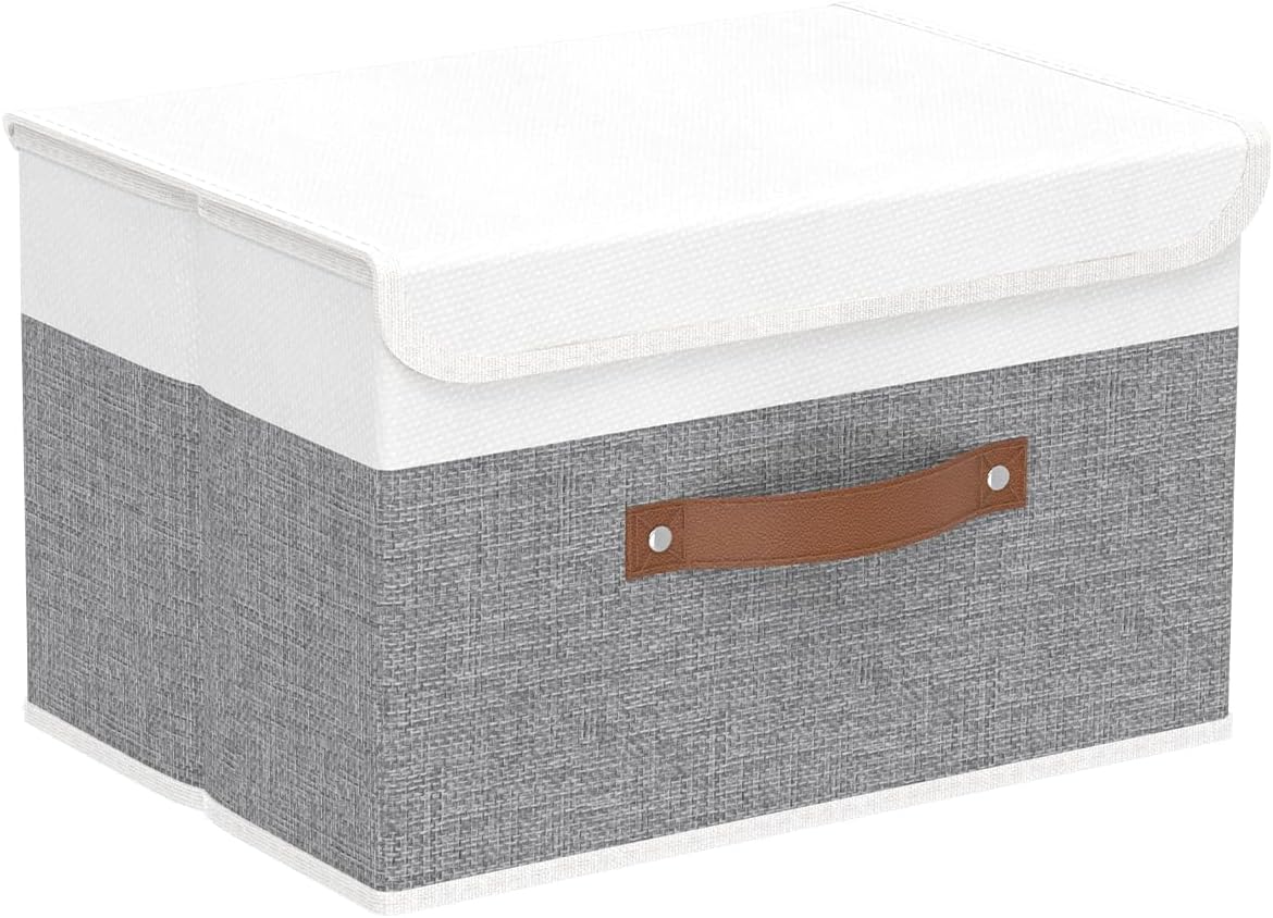 Yawinhe Collapsible Storage Boxes, Linen Fabric Baskets, Bin with lid and Leather Handle, Washable, for Home, Closet, Beige, 17.7''Lx11.8''Wx11.8''H