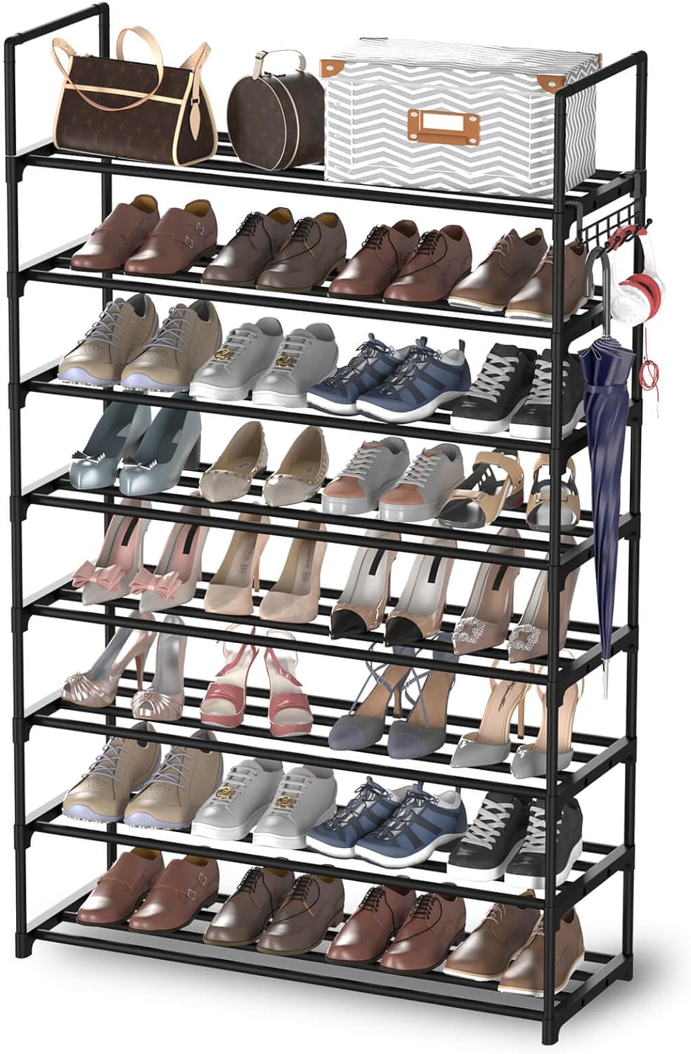 Hsscblet 6 Tiers Metal Shoe Rack, Adjustable Shoe Shelf Storage Organizer with Hooks, Stackable Boot and Shoe Storage, for Entryway, Hallway, Closet