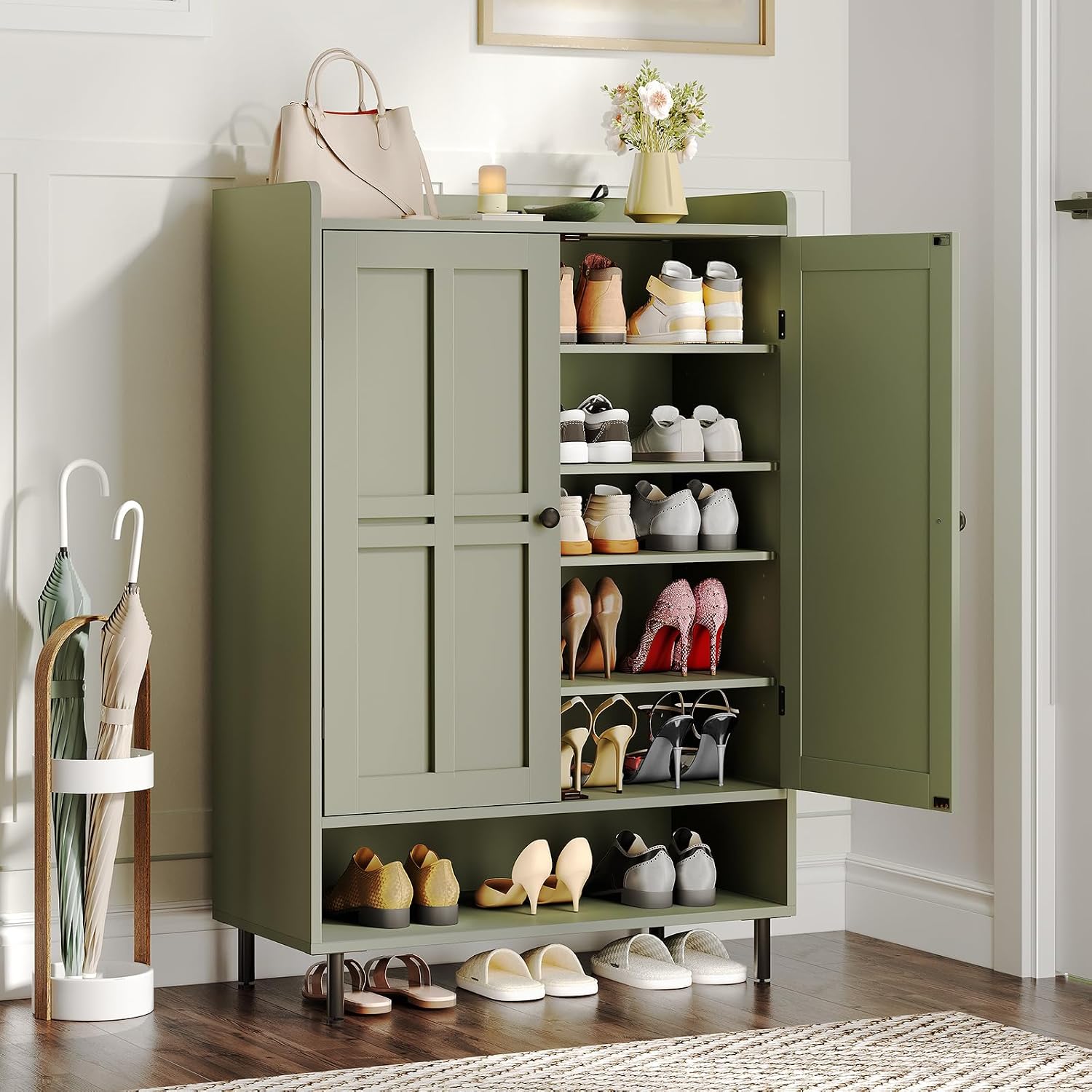 Shoe Cabinet with Cross Molding Doors, 6-Tier Shoe Storage Cabinet with 3 Adjustable Shelves and Metal Legs
