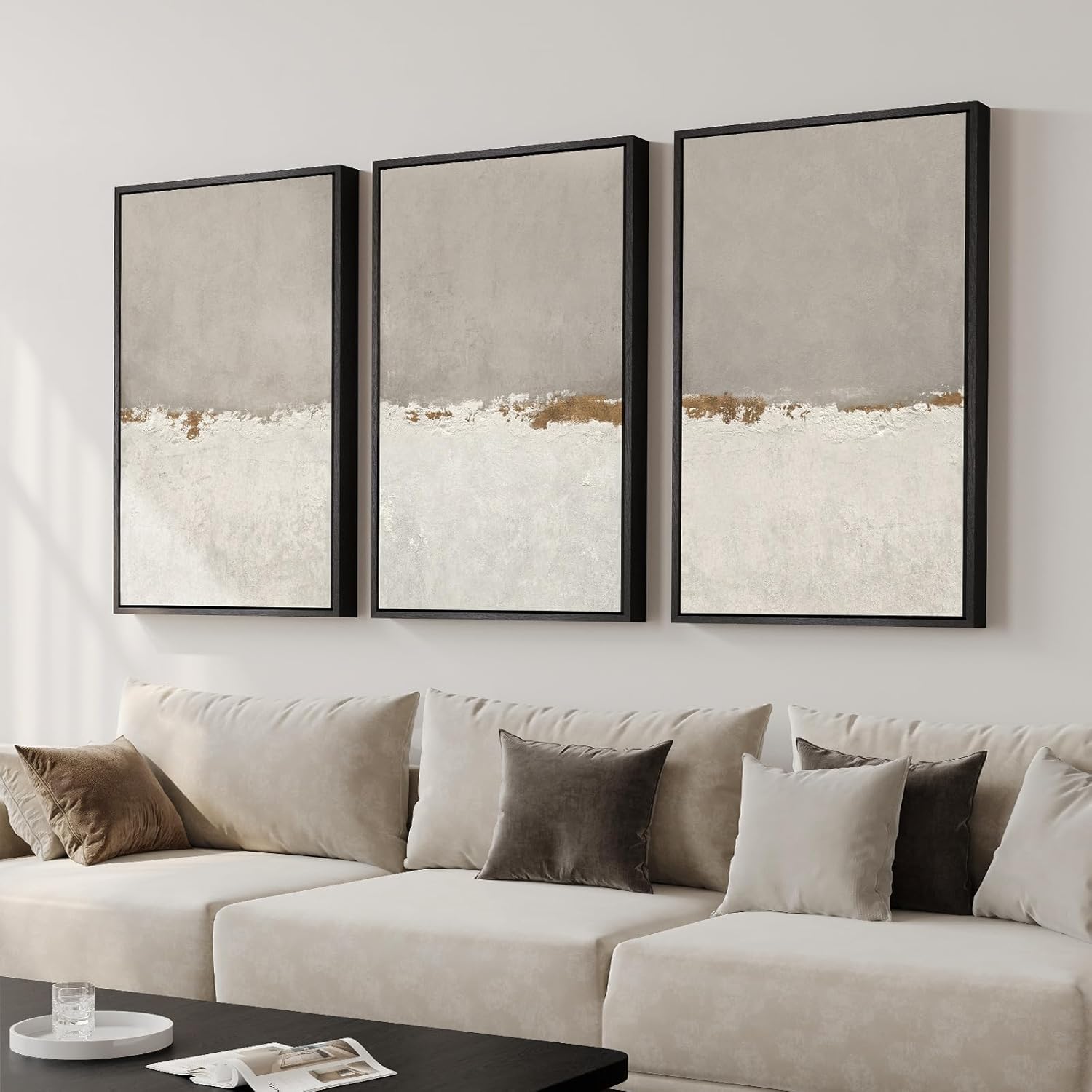 Large Framed Neutral Abstract Wall Art for Living Room, 3 Piece Modern Canvas Prints Paintings Artwork for Walls