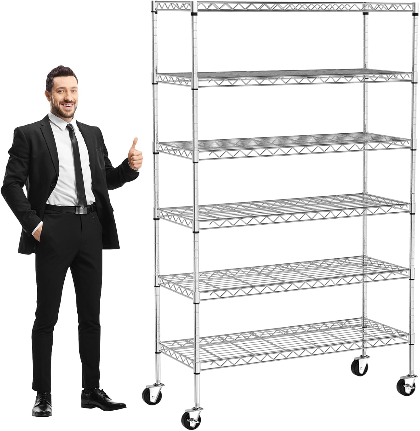 Heavy Duty 6 Tier Shelving Unit Adjustable 6000Lbs Capacity Steel Storage Rack 18" x 48 x 76 Mobile Shelves Wire Shelf Silver Rolling Utility Cart for