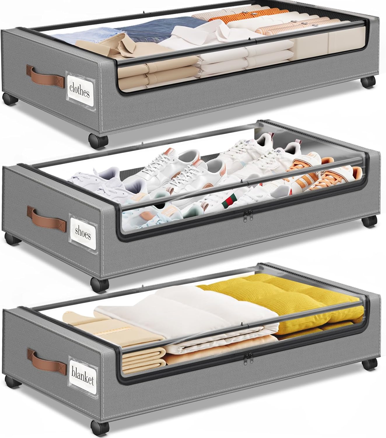SpaceHacks Under Bed Storage with Wheels 2Pack Storage Containers with Clear Window&Label Under Bed Drawers Rolling Under Bed Storage for Clothes