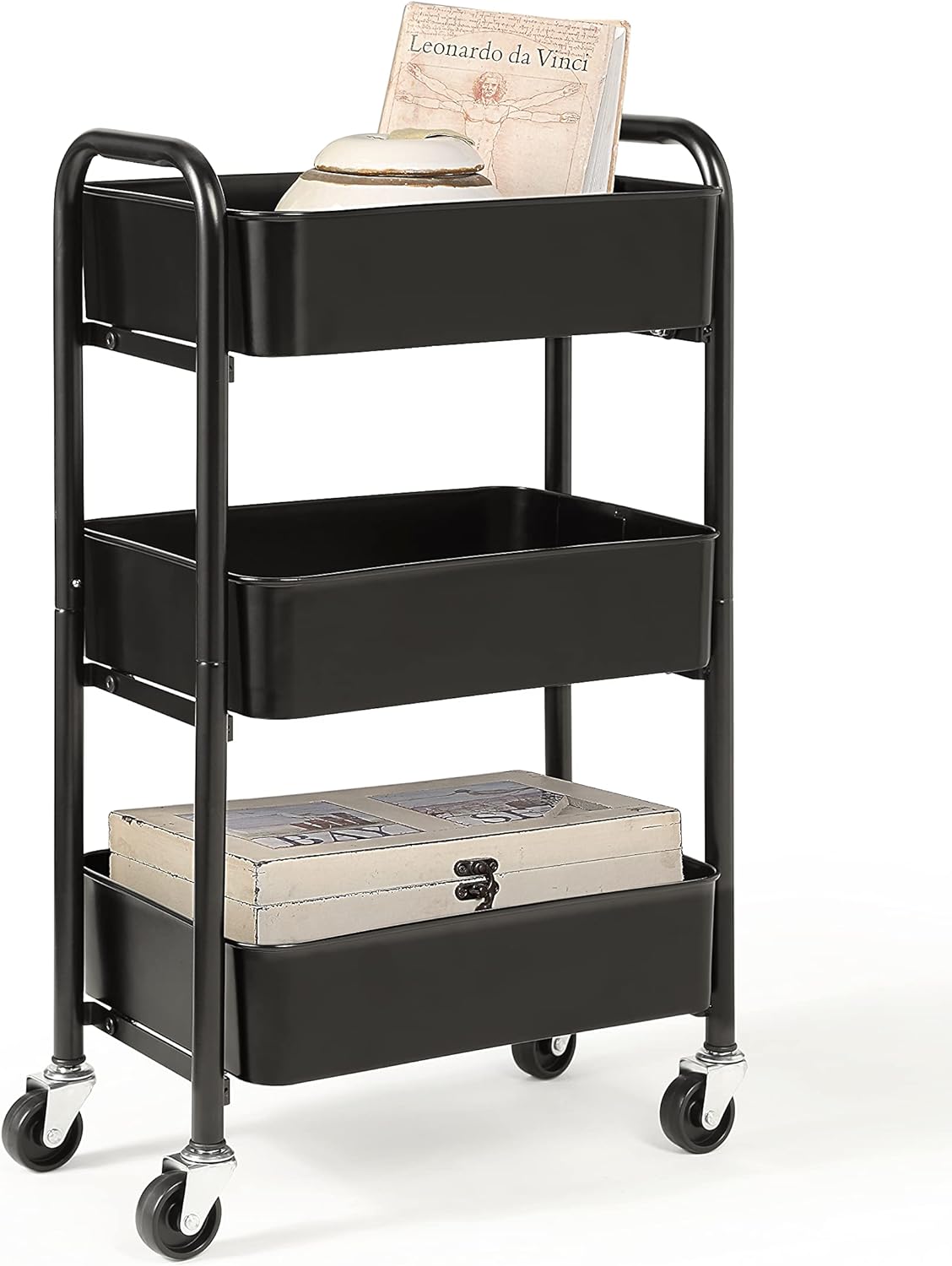 SunnyPoint 3-Tier Delicate Compact Rolling Metal Storage Organizer - Mobile Utility Cart Kitchen/Under Desk Cart with Caster Wheels - Army (15.35" X