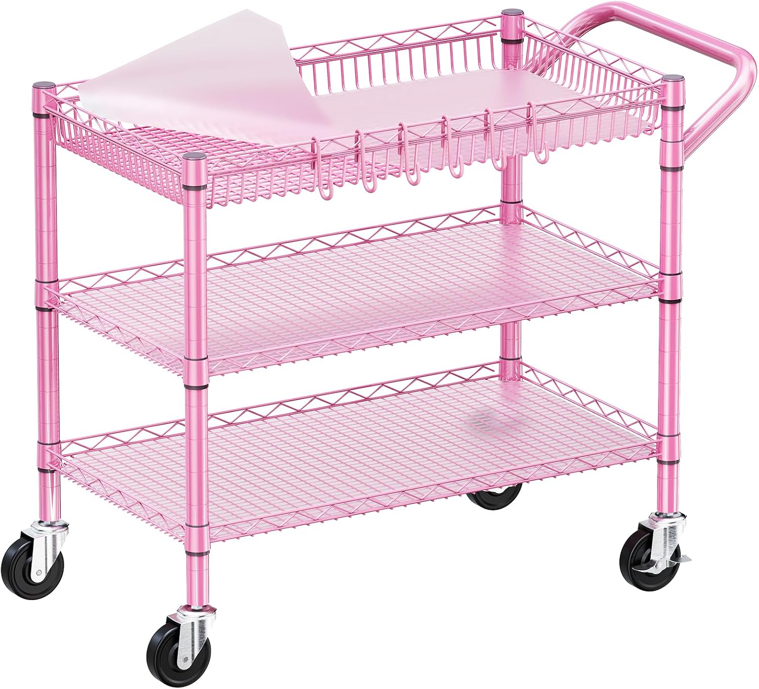 WDT 990Lbs Capacity Heavy Duty Rolling Utility Cart, NSF Rolling Carts with Wheels, Commercial Grade Metal Cart with Handle Bar and Shelf Liner