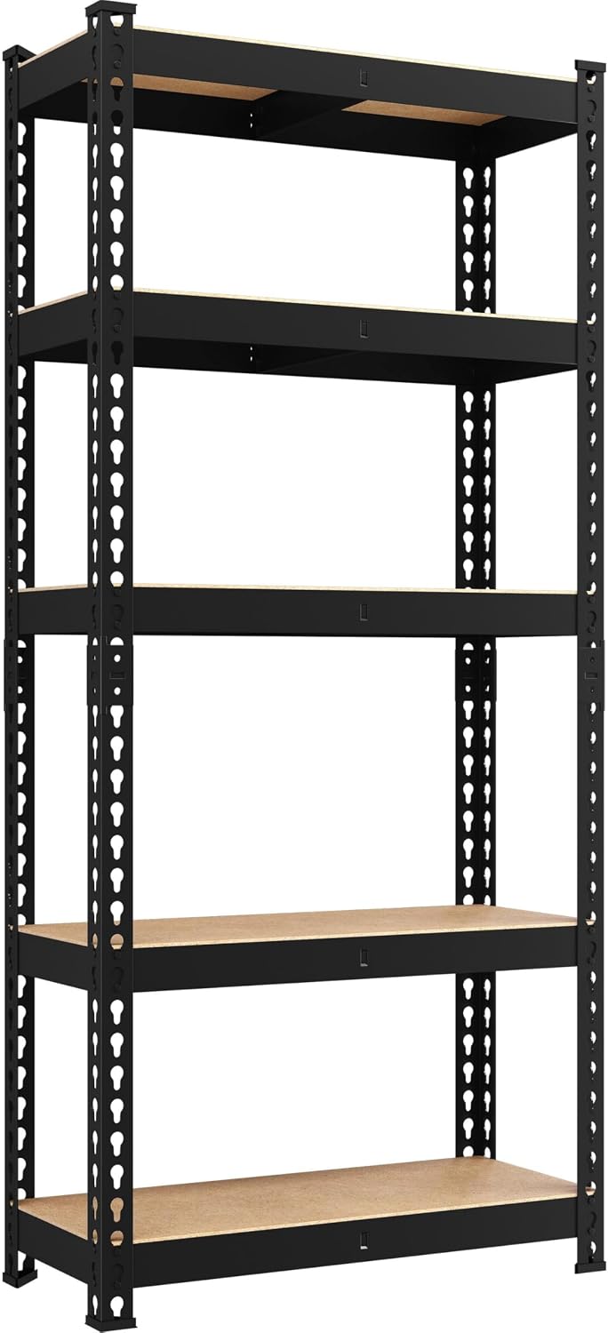 Yaheetech 5-Tier Heavy Duty Storage Shelves 28" W x 12" D x 60" H Silver, Boltless powder-coated metal frame and MDF boards assemble easily