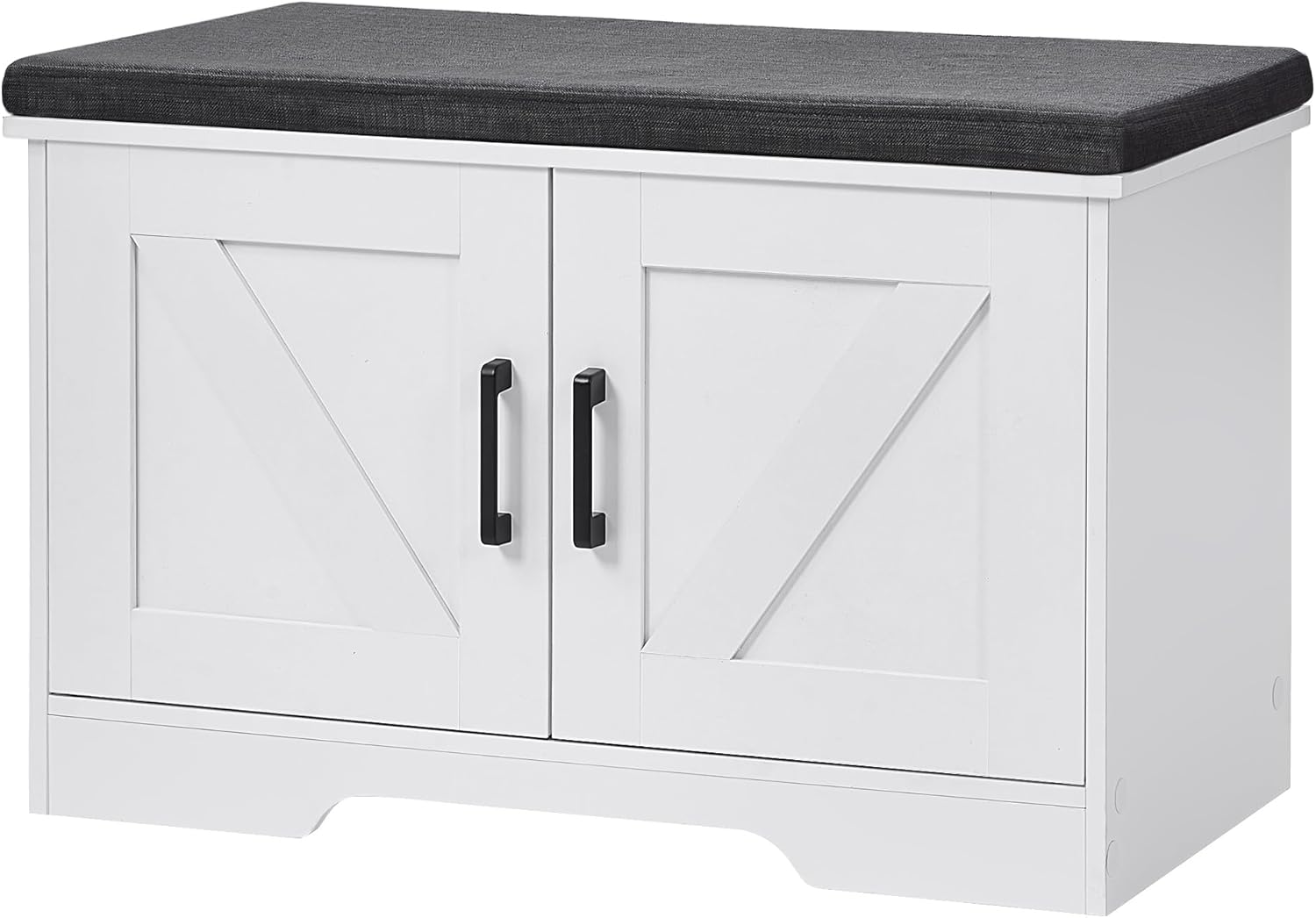 HOMSHO Farmhouse Shoe Storage Bench with 4 Barn Doors and Padded Seat Cushion, 47.2" Wide Entryway Bench with Adjustable Shelves and Hidden Storage