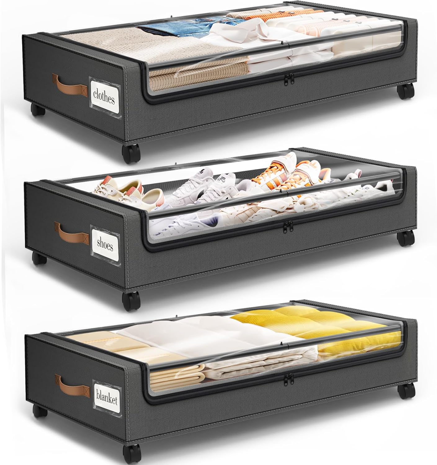 SpaceHacks Under Bed Storage with Wheels 2Pack Storage Containers with Clear Window&Label Under Bed Drawers Rolling Under Bed Storage for Clothes