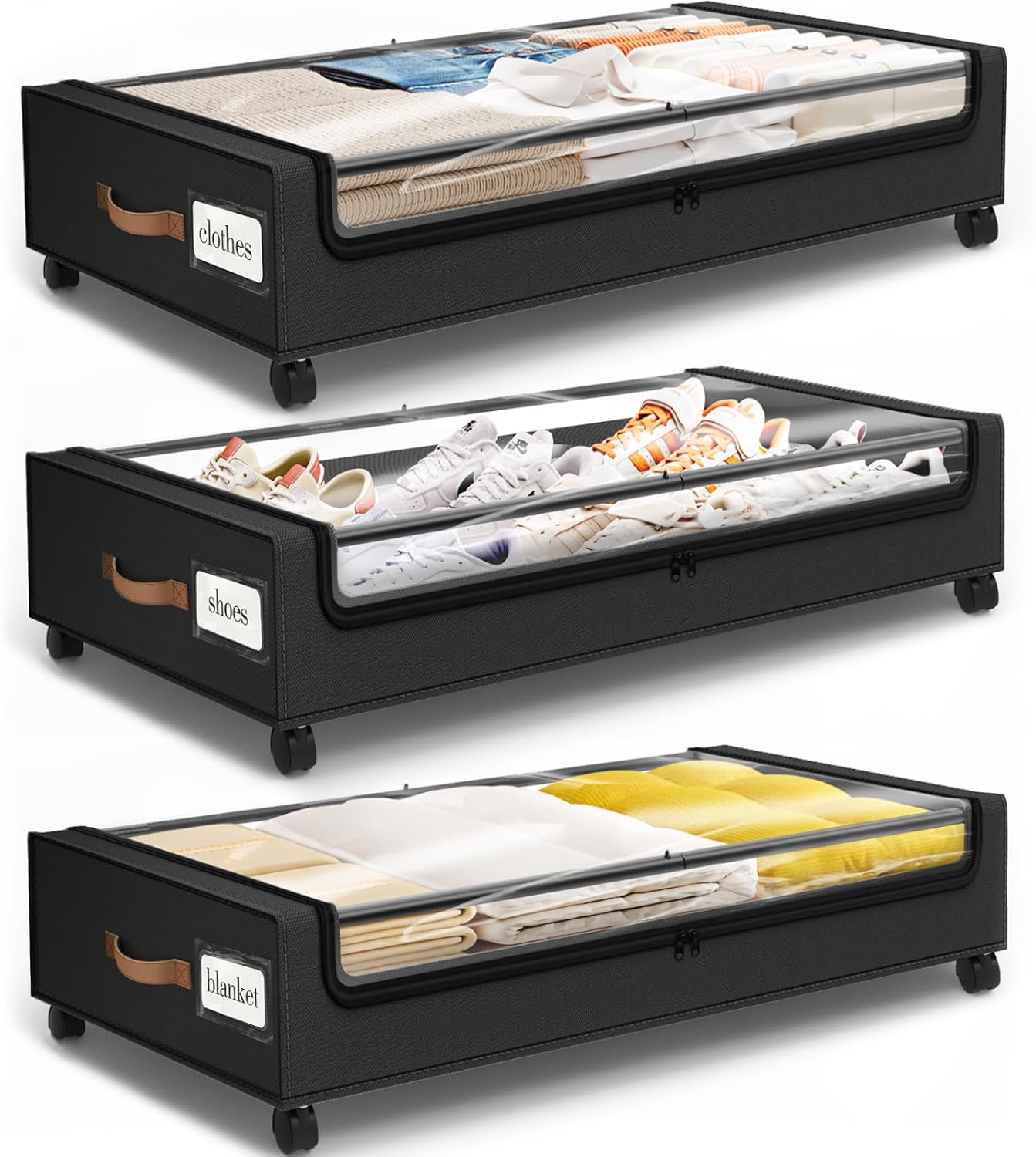 SpaceHacks Under Bed Storage with Wheels 2Pack Storage Containers with Clear Window&Label Under Bed Drawers Rolling Under Bed Storage for Clothes