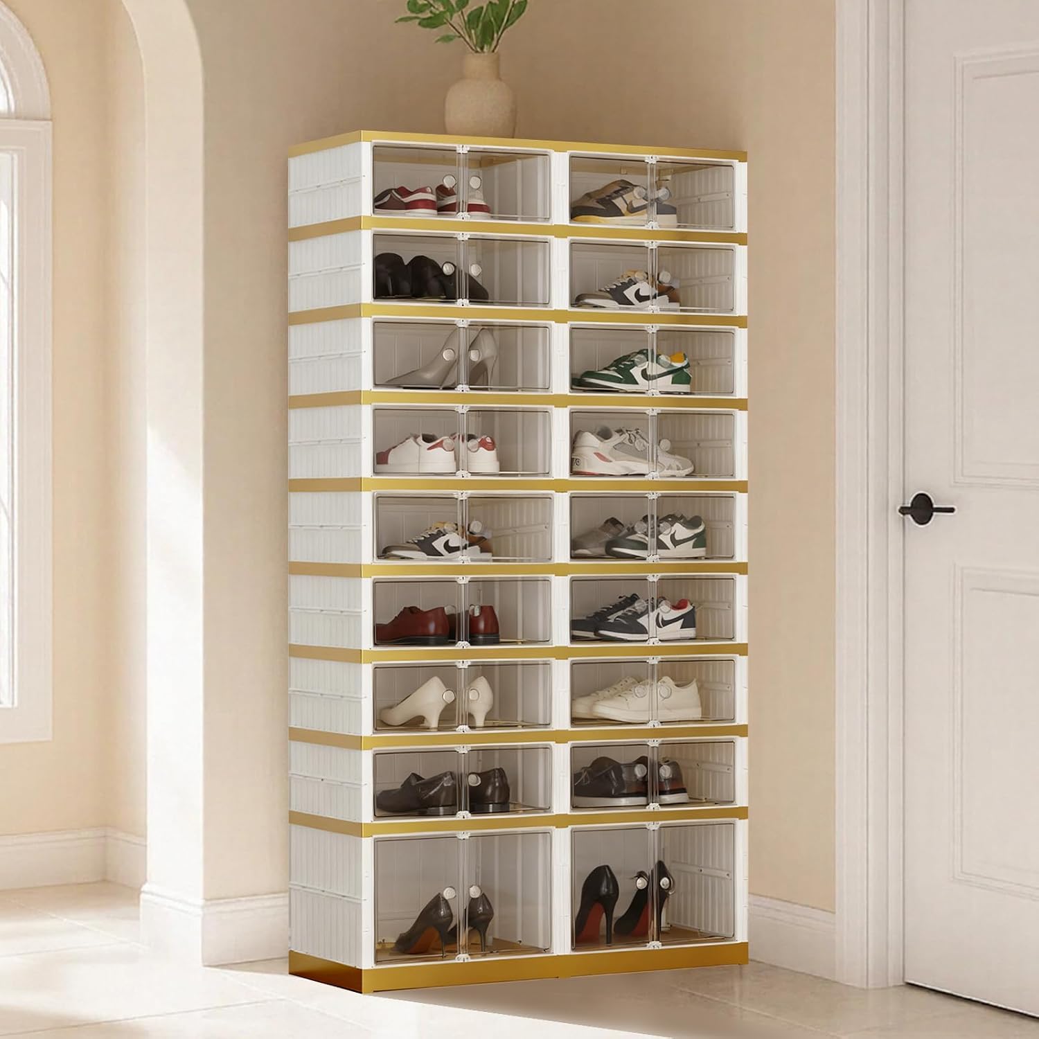 Collapsible Shoe Rack Organizer 9 Tiers-36 Pairs Foldable Shoe Cabinet with Doors, Large Plastic Folding Shoe Cabinet