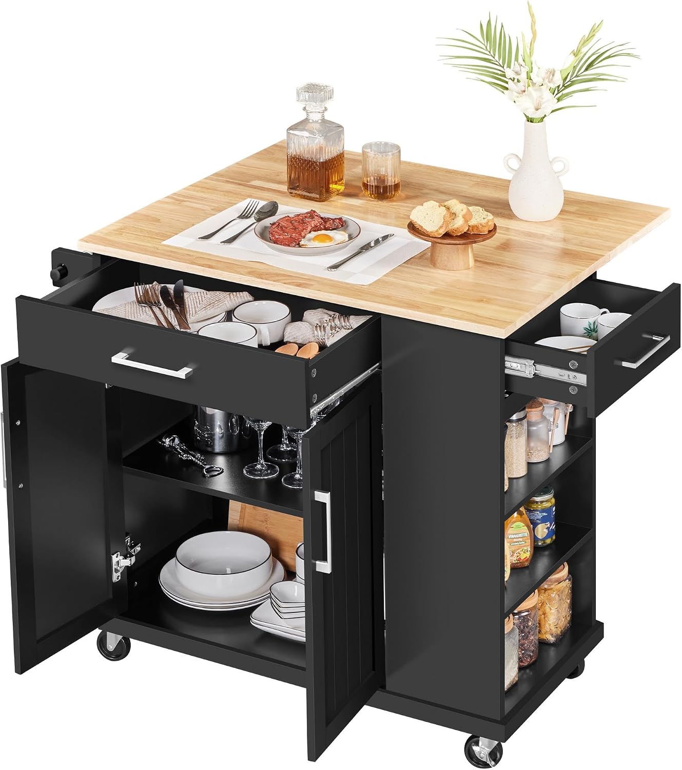 Yaheetech Kitchen Island on Wheels with Storage Cabinet, Rolling Kitchen Cart with Bamboo Top and Drawer and Spice Rack Towel Bar