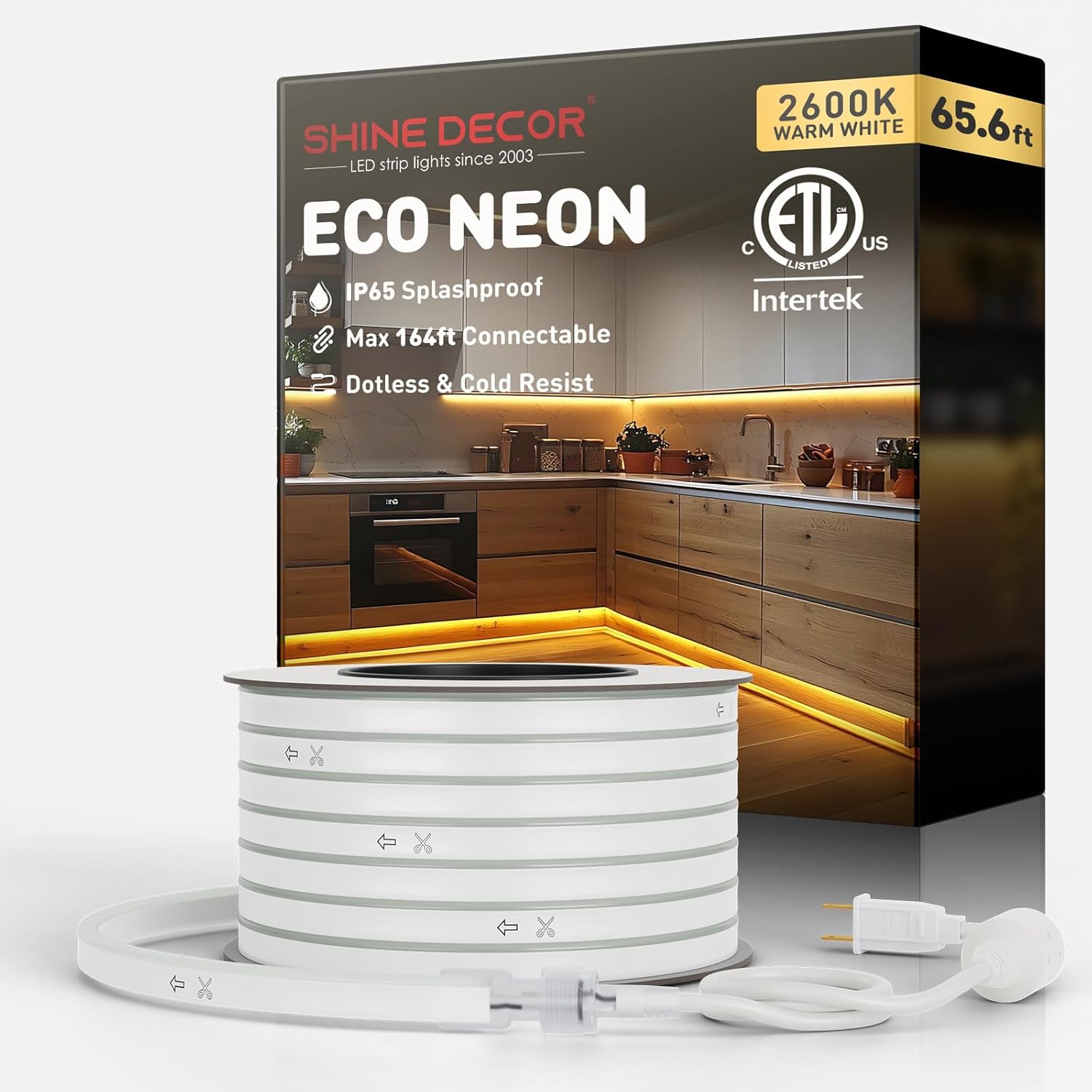 Shine Decor LED Neon Rope Lights Connectable, 131.2FT Flexible AC 110V 120V Neon LED Strip Lights(Warm White) Outdoor Waterproof