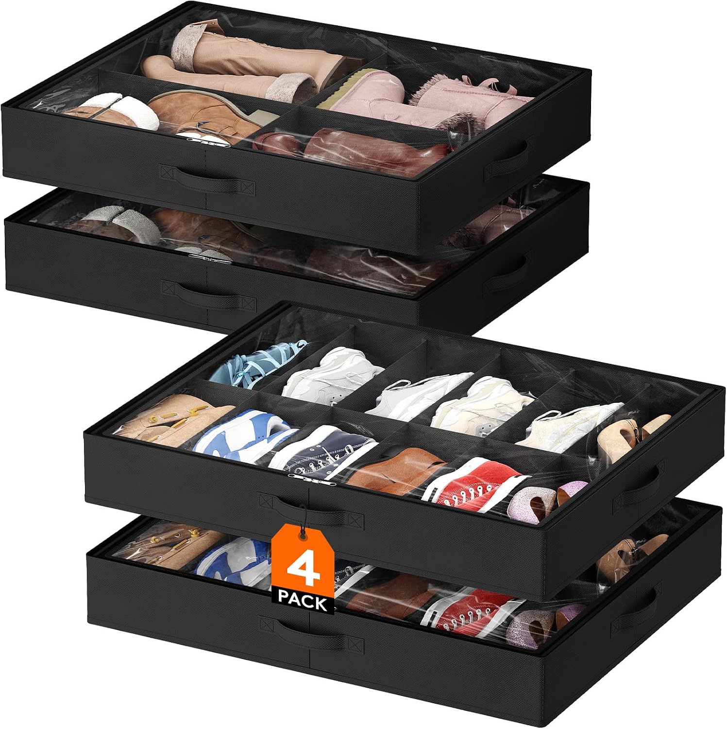 Lifewit Under Bed Shoe Storage Organizer 4 Pack(16 Shoes Cells), 4.3 Inches Profile Fabric Shoes Container Box with Clear Cover