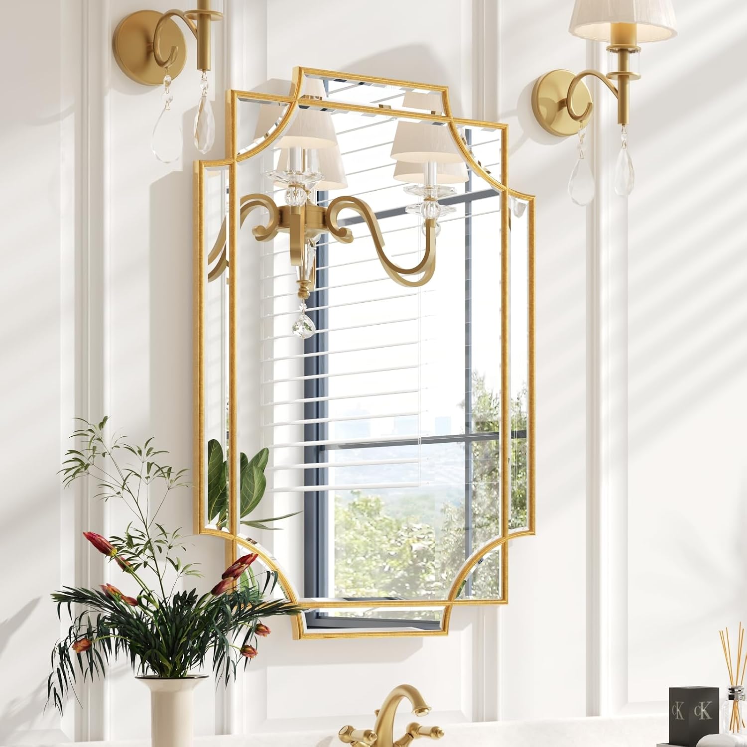 Kelly Miller 24"x48" Gold Foil Scalloped Edge Decorative Vanity Wall Mirror, Hand-Applied Gold Foil Finish. HD Mirror With French Cleat. Elegant