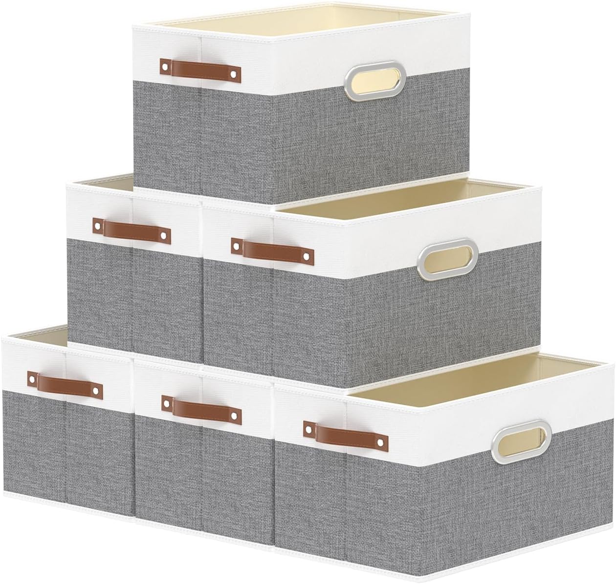 Yawinhe Foldable Storage Baskets for Shelves, 16.9x11.8x10.2in, Beige, 6-Pack, Collapsible Storage Bins for Towels