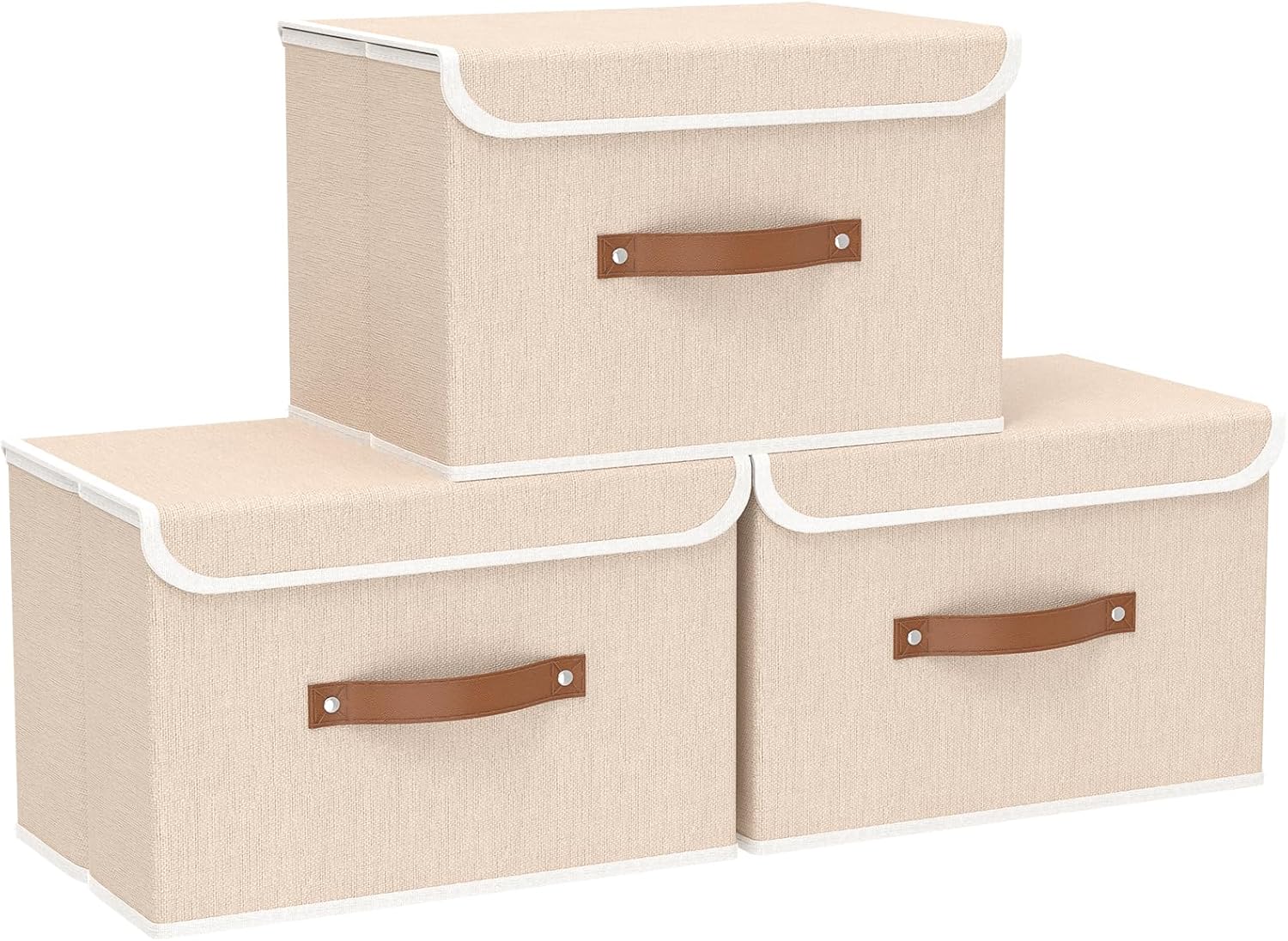 Yawinhe Collapsible Storage Boxes, Linen Fabric Baskets, Bin with lid and Leather Handle, Washable, for Home, Closet, Beige, 17.7''Lx11.8''Wx11.8''H