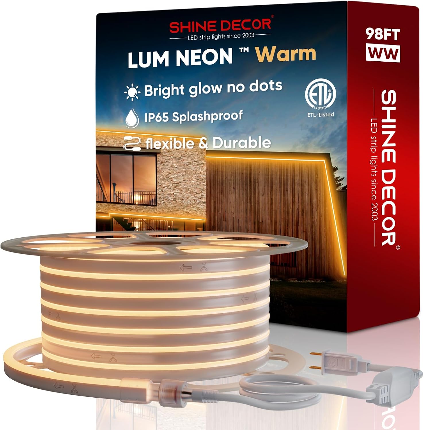 Shine Decor LED RGB Neon Rope Lights AC 120V, Expandable and Cuttable Bright Strip Lighting with Remote, Dimmable Color Changing