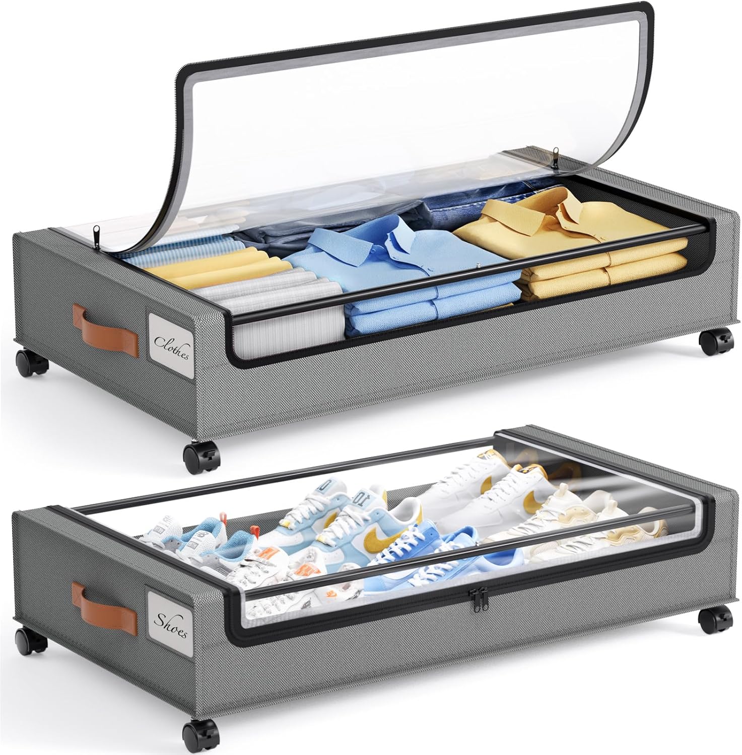 Yecaye Under Bed Storage with Wheels, 2Pack Under Bed Storage Containers, Underbed Shoe Storage Organizer, Rolling Under Bed Metal Drawers for Clothes