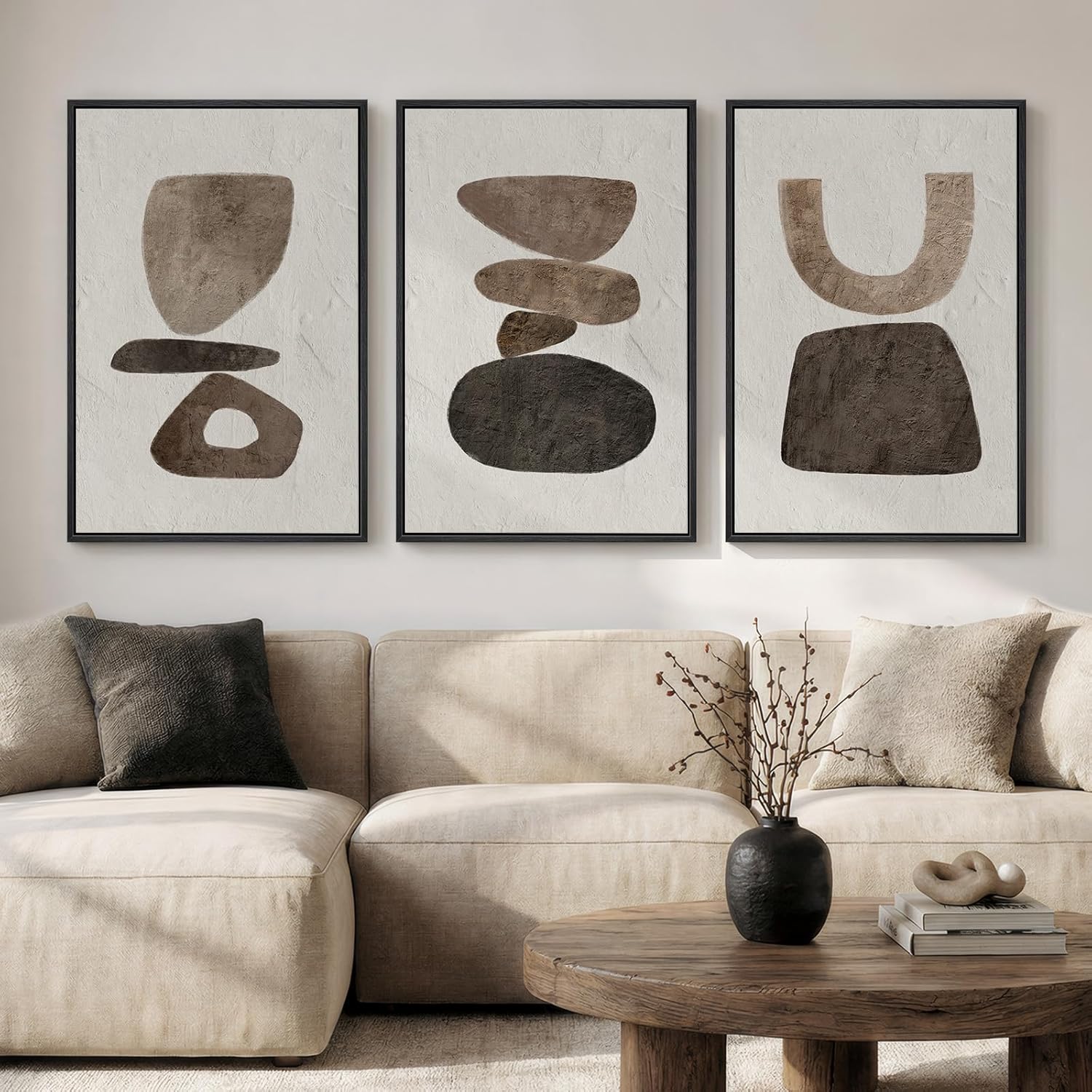 Large Framed Neutral Abstract Wall Art for Living Room, 3 Piece Modern Canvas Prints Paintings Artwork for Walls