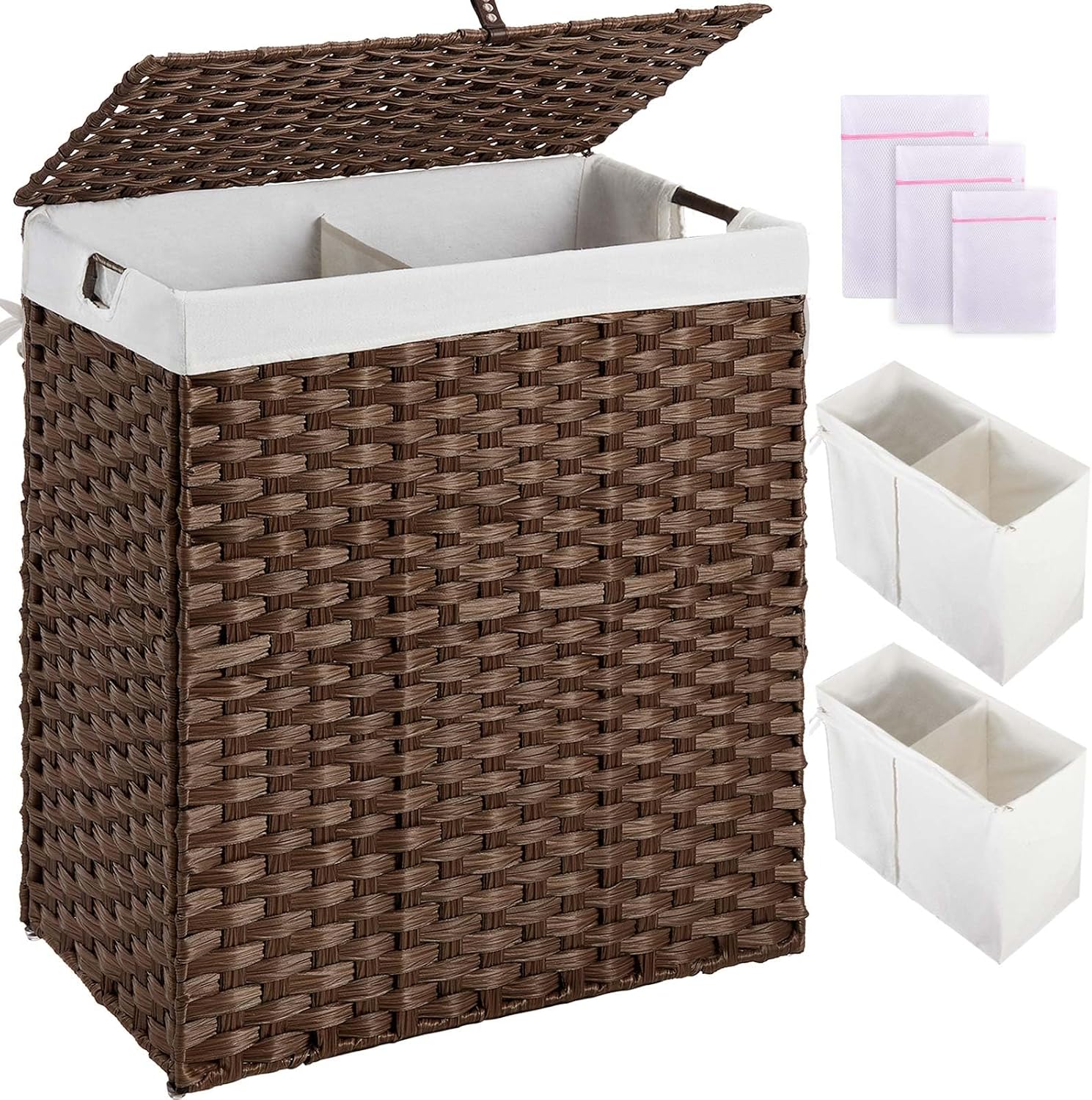 Greenstell Laundry Hamper with lid, No Install Needed, 110L Wicker Laundry Baskets Foldable 2 Removable Liner Bags