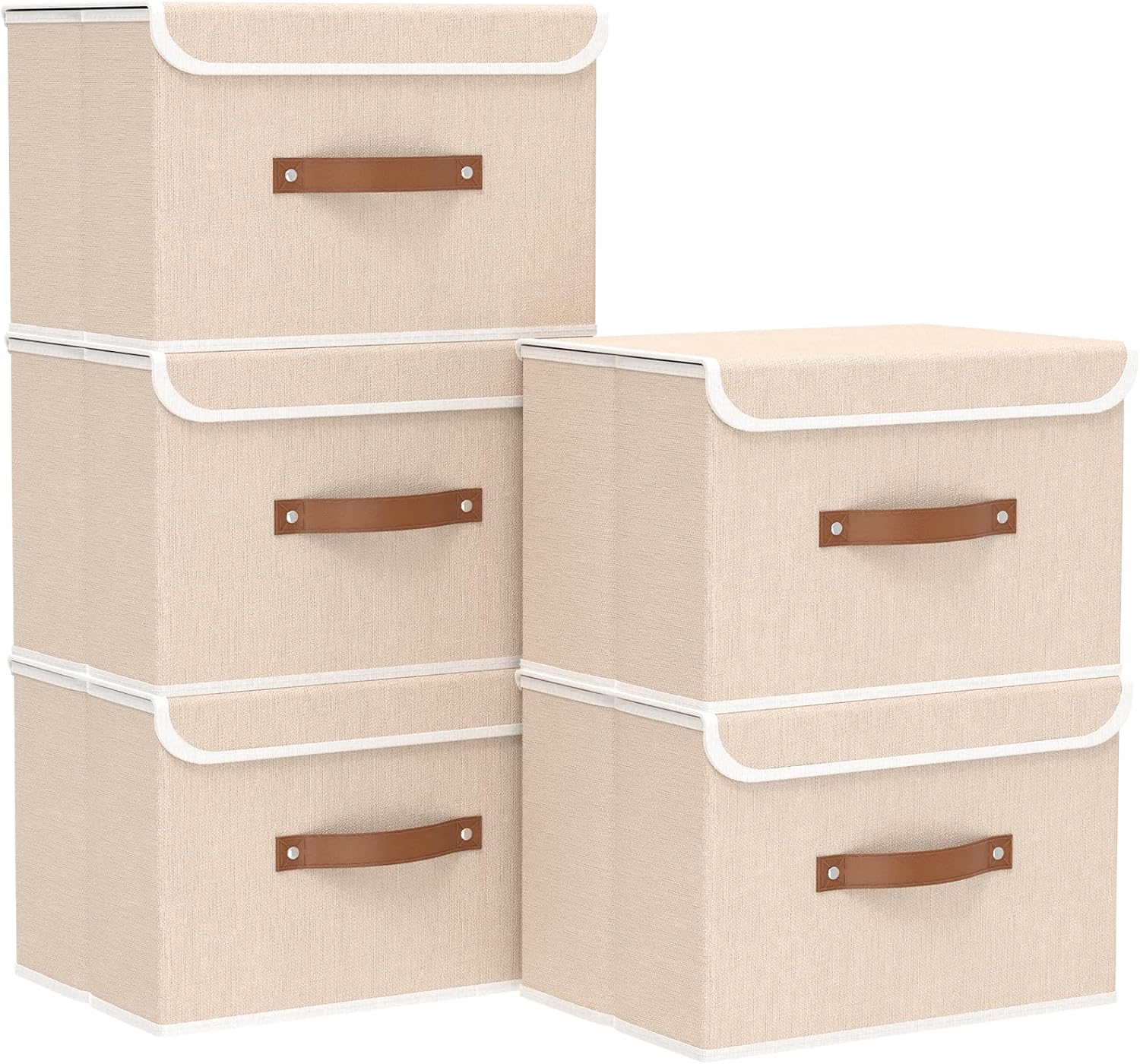Yawinhe Collapsible Storage Boxes, Linen Fabric Baskets, Bin with lid and Leather Handle, Washable, for Home, Closet, Beige, 17.7''Lx11.8''Wx11.8''H