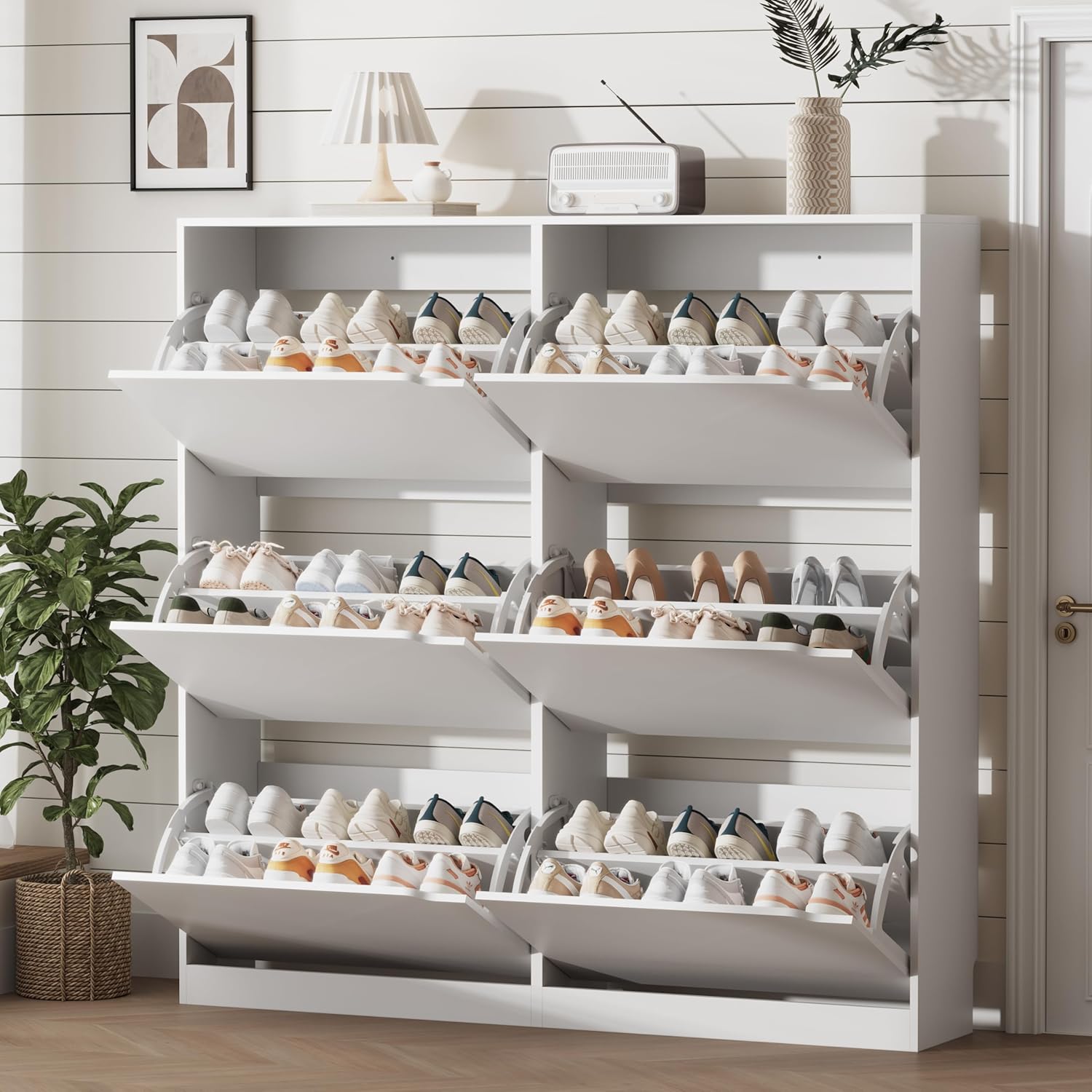 Shoe Storage Cabinet for Entryway with 3 Flip Drawers, Sturdy Wood Hidden Shoe Storage