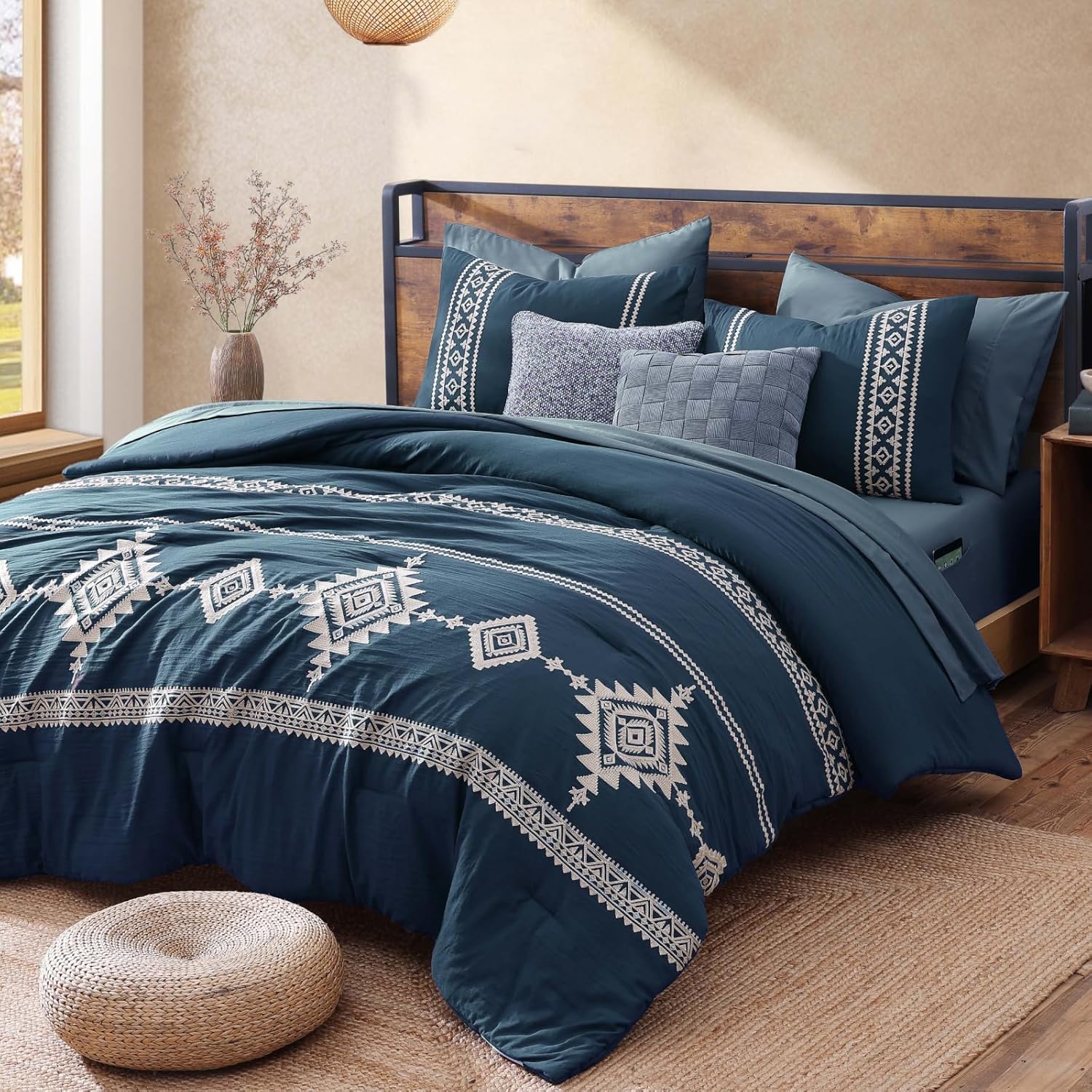 MaiRêve Embroidery Comforter Set Queen Size - 7 Piece, White Boho Western Bedding All Season Bed in A Bag, Farmhouse Queen Comforter Set with Sheets