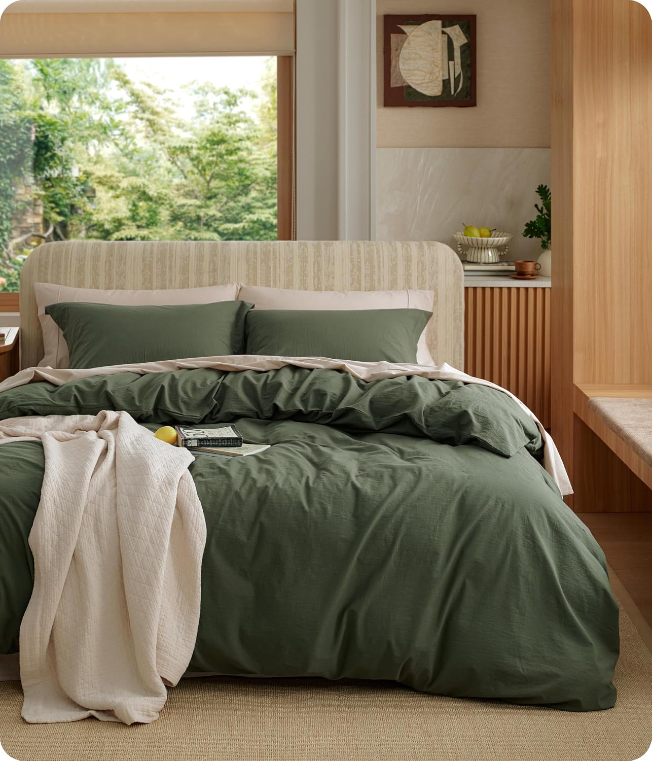 Bedsure 100% Washed Cotton Duvet Cover King Size - Sage Green Minimalist Bedding Set Linen Like - PureWoven Plain Simple and Soft Comforter Cover for