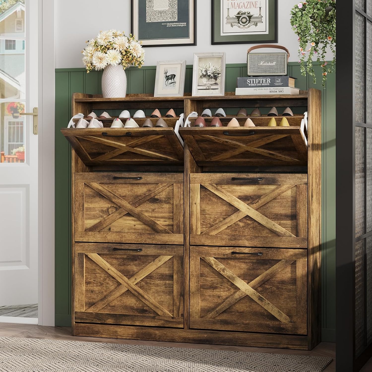 Maupvit Shoe Storage Cabinet with 2 Flip Drawers, Freestanding Shoe Organizer with Metal Legs for Entryway, Narrow Shoe Rack Cabinet, Rustic Brown