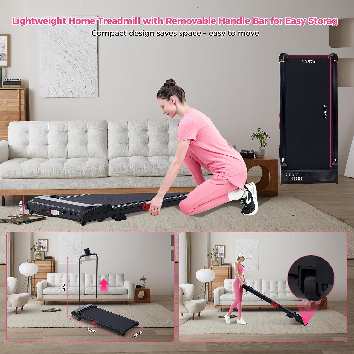 Walking Pad with Incline and Handle Bar, Electric Small Walking Pads Treadmills with Handles, Compact Treadmills for Home Small Spaces, 3.0HP