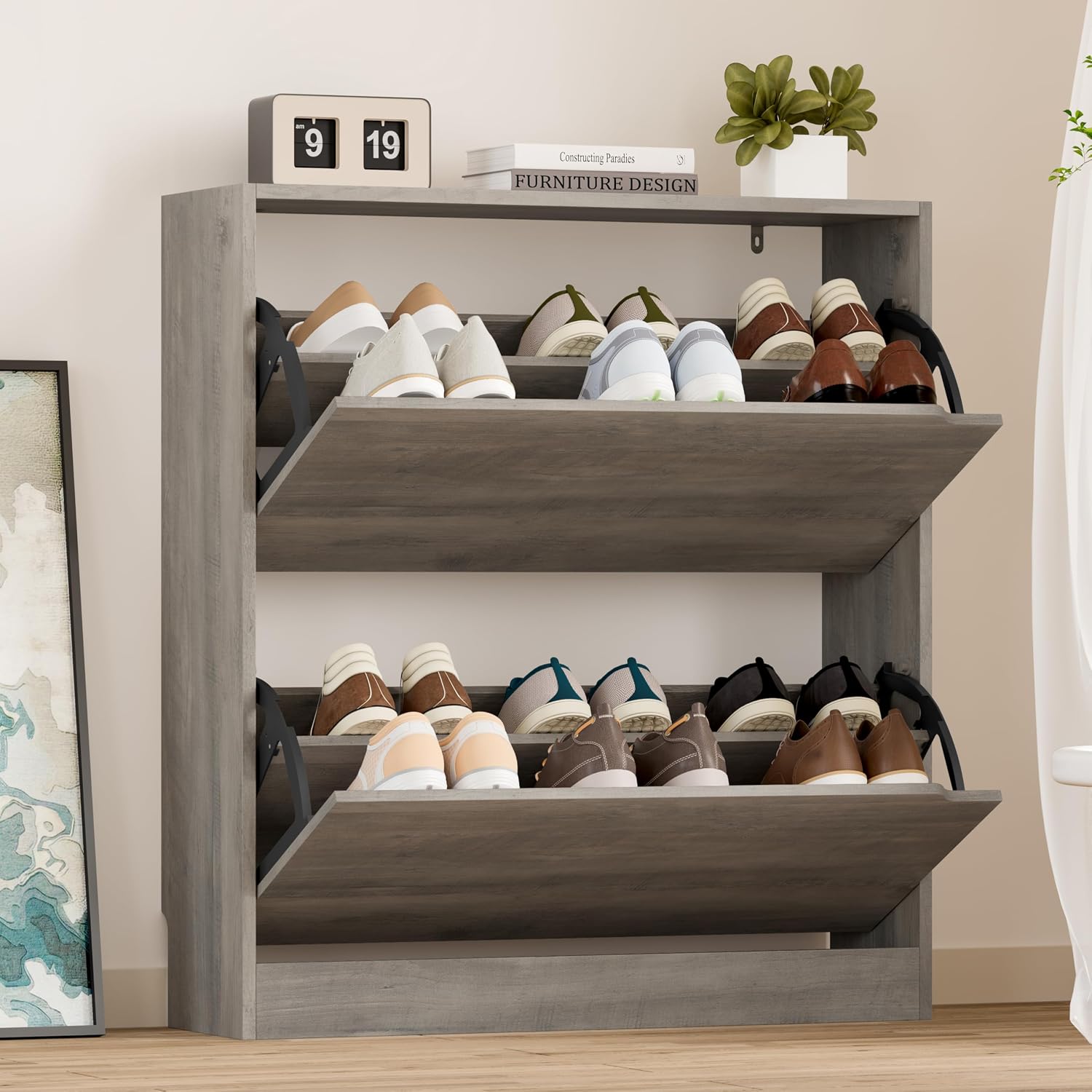 BORNOON Shoe Cabinet with 3 Flip Drawers, Hidden Wood Shoe Cabinet, Freestanding Shoe Storage Cabinet for Entryway Hallway.White. 47.2" H*31.5" W*9