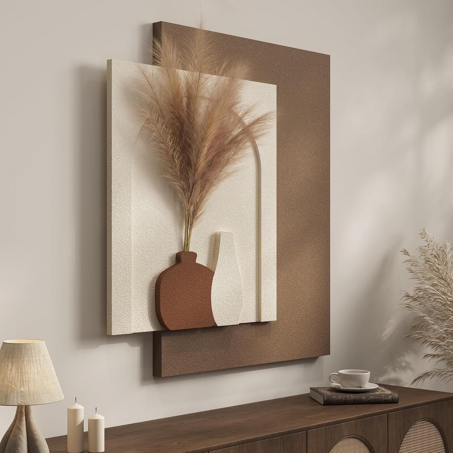 3D Wood Textured Large Neutral Abstract Wall Art, Modern Beige Brown Geometric Paintings Artwork for Walls-Minimalist Wooden Wall Art Decor for Living