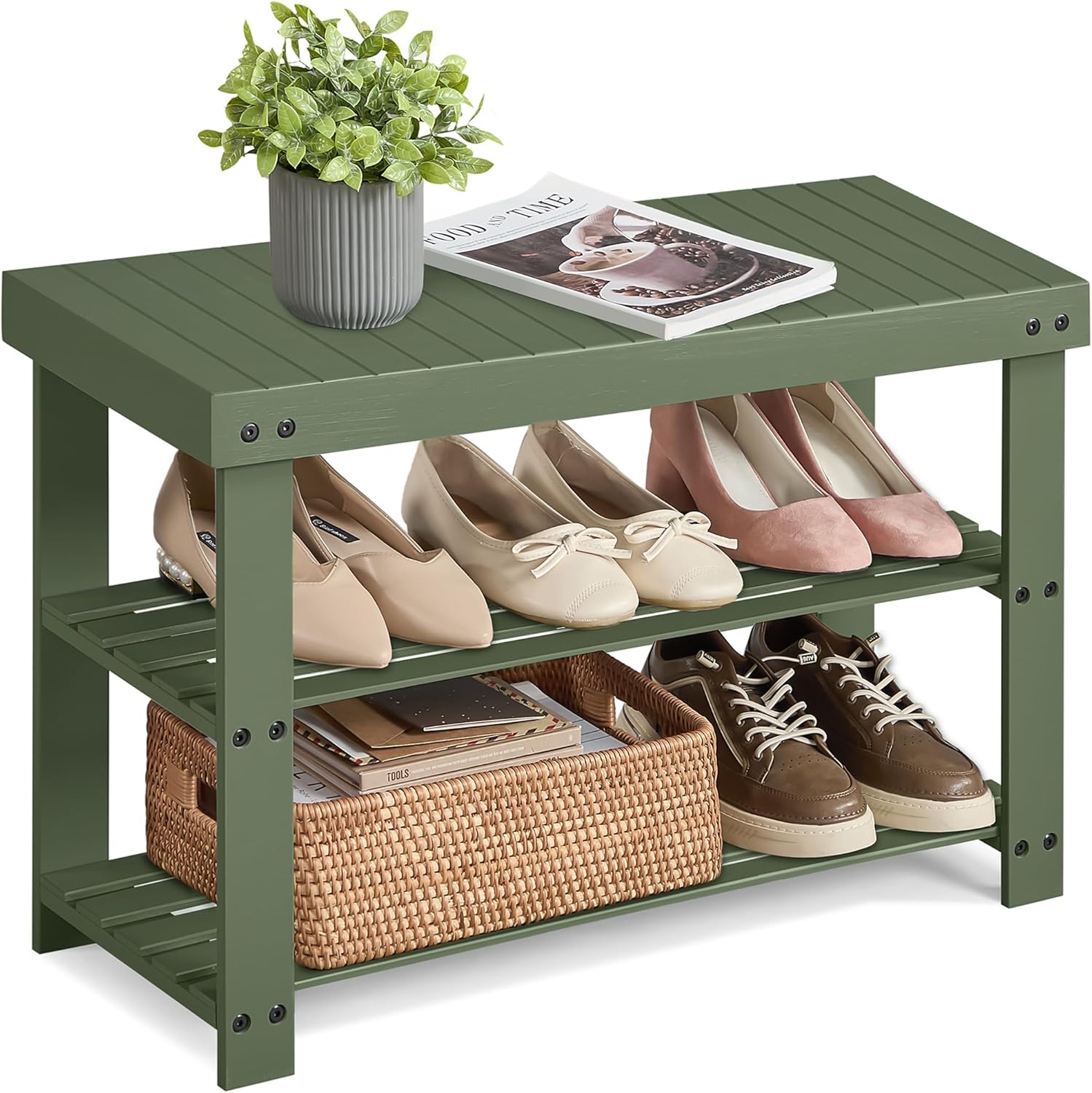 SONGMICS Shoe Rack Bench, 3-Tier Bamboo Shoe Storage Organizer, Entryway Bench, Holds Up to 286 lb, 11.3 x 35.4 x 17.8 Inches