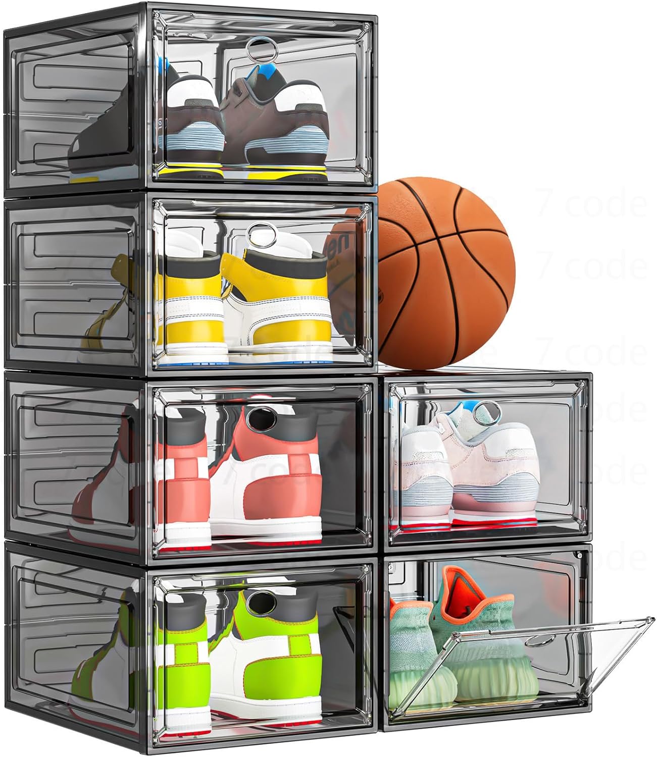 7 code Thicken and Sturdy Clear Shoe Storage Organizer with Magnetic Door, Stackable Boxes for Closet, Foldable Shoe Rack for Sneaker Boot Container
