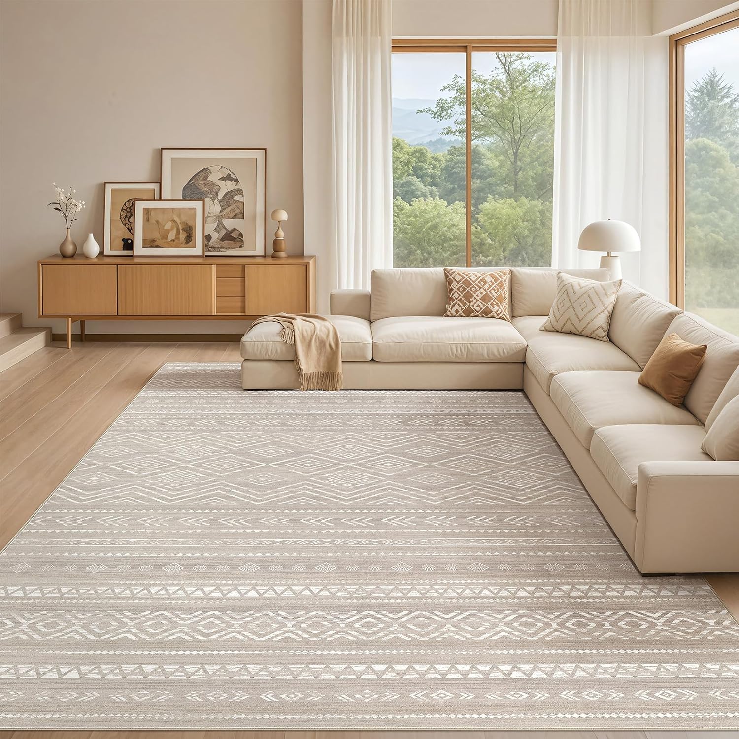 Tortania Area Rug Living Room Rugs - 10x12 Washable Large Soft Neutral Boho Moroccan Bohemian Farmhouse Rug Indoor Floor Carpet for Bedroom Under