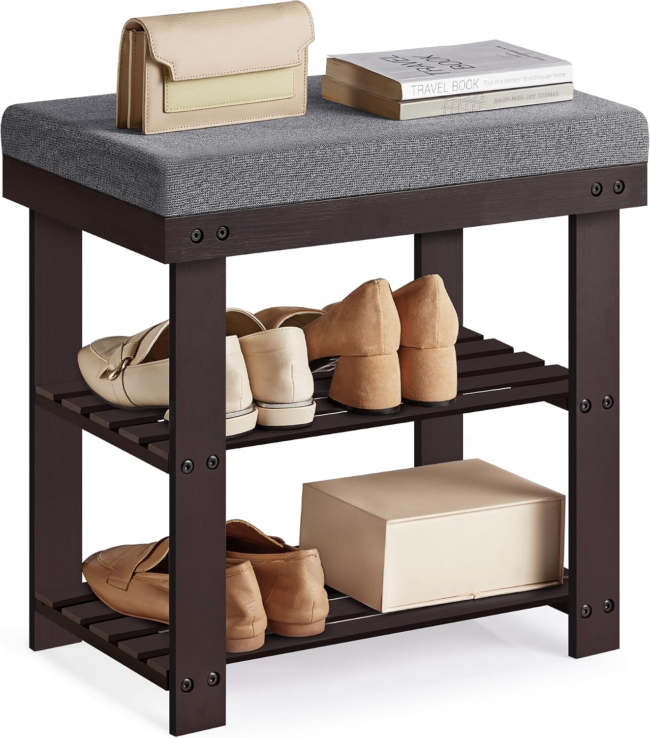 SONGMICS Bamboo Shoe Bench, 3-Tier Shoe Rack Organizer for Entryway, Living Room, Bench Seat Holds Up to 300 lb, 11.9 x 28.3 x 19.2 Inches