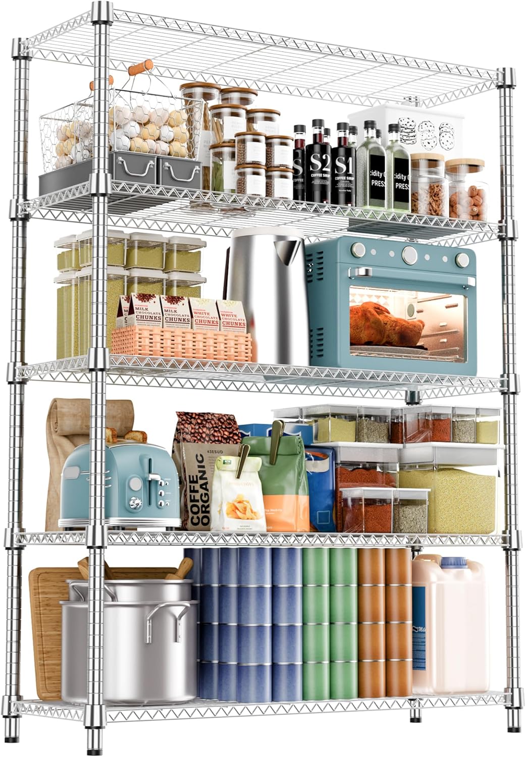 M MZG 1250 lbs 5 Tier Shelf Metal Storage Shelves Wire Rack Closet Organizers with Wheel for Garage Kitchen Bathroom Laundry Chrome 13.7" D x 23.6" W