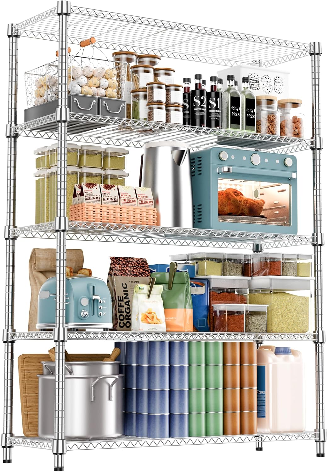 M MZG 5-Shelf Storage Shelves, Wire Shelving Heavy Duty Metal Storage Shelving Unit Adjustable Garage Shelving Rack Pantry Kitchen (Chrome, 4 Tier