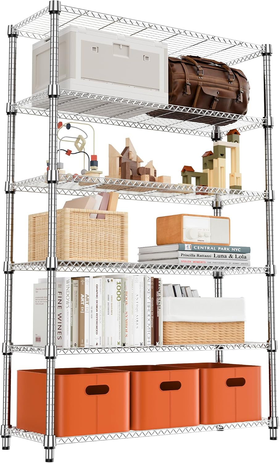 M MZG 5-Shelf Storage Shelves, Wire Shelving Heavy Duty Metal Storage Shelving Unit Adjustable Garage Shelving Rack Pantry Kitchen (Chrome, 4 Tier