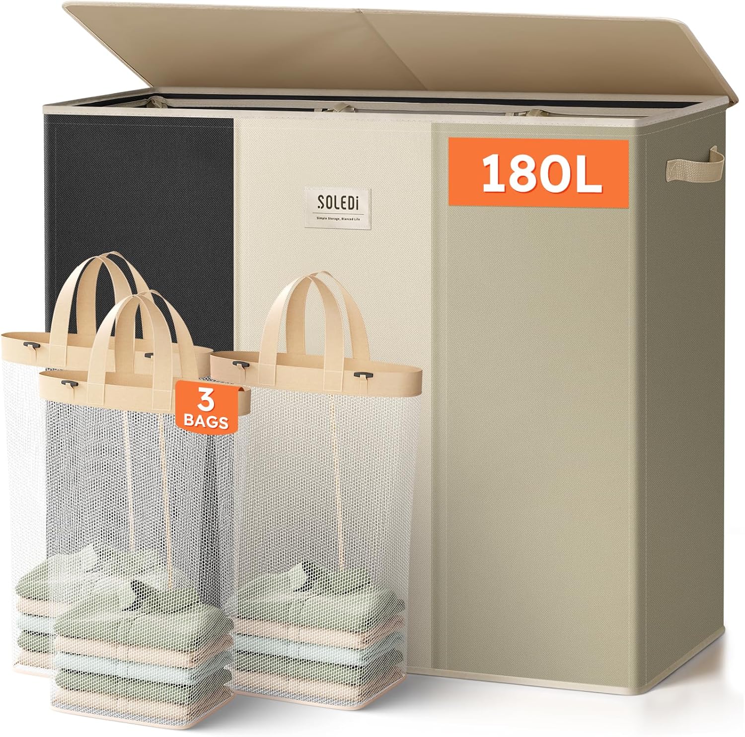 SOLEDI 180L Laundry Hamper 3 Section, Extra Large Laundry Hamper with Lid, Dirty Clothes Hamper with Sturdy Handle