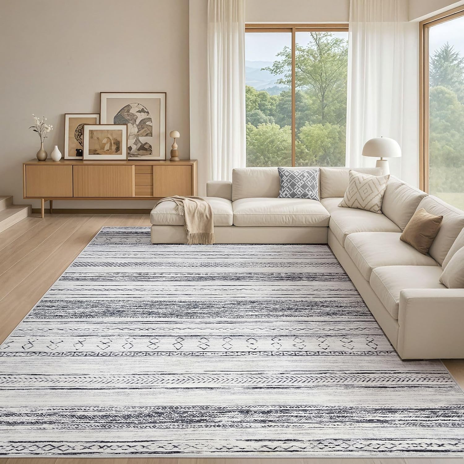 Tortania Area Rug Living Room Rugs - 10x12 Washable Large Soft Neutral Boho Moroccan Bohemian Farmhouse Rug Indoor Floor Carpet for Bedroom Under