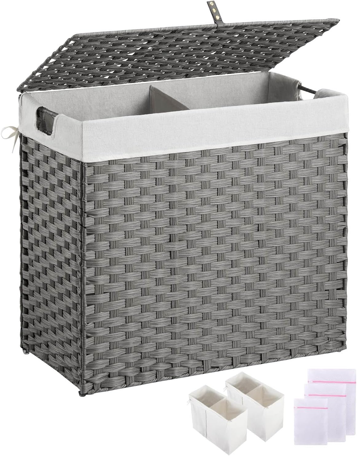 Greenstell Laundry Hamper with lid, No Install Needed, 110L Wicker Laundry Baskets Foldable 2 Removable Liner Bags