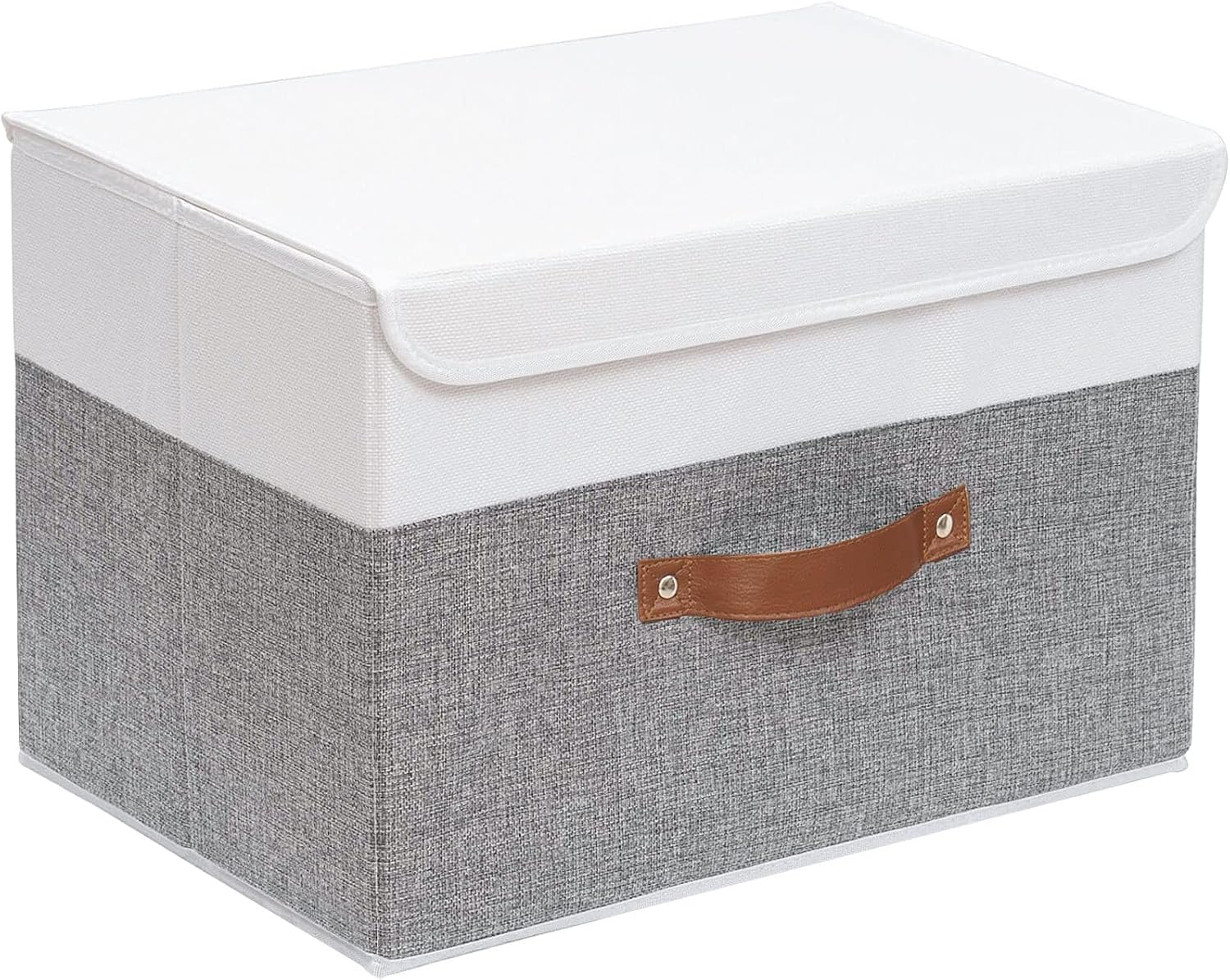 Yawinhe Collapsible Storage Boxes, Linen Fabric Baskets, Bin with lid and Leather Handle, Washable, for Home, Closet, Beige, 17.7''Lx11.8''Wx11.8''H