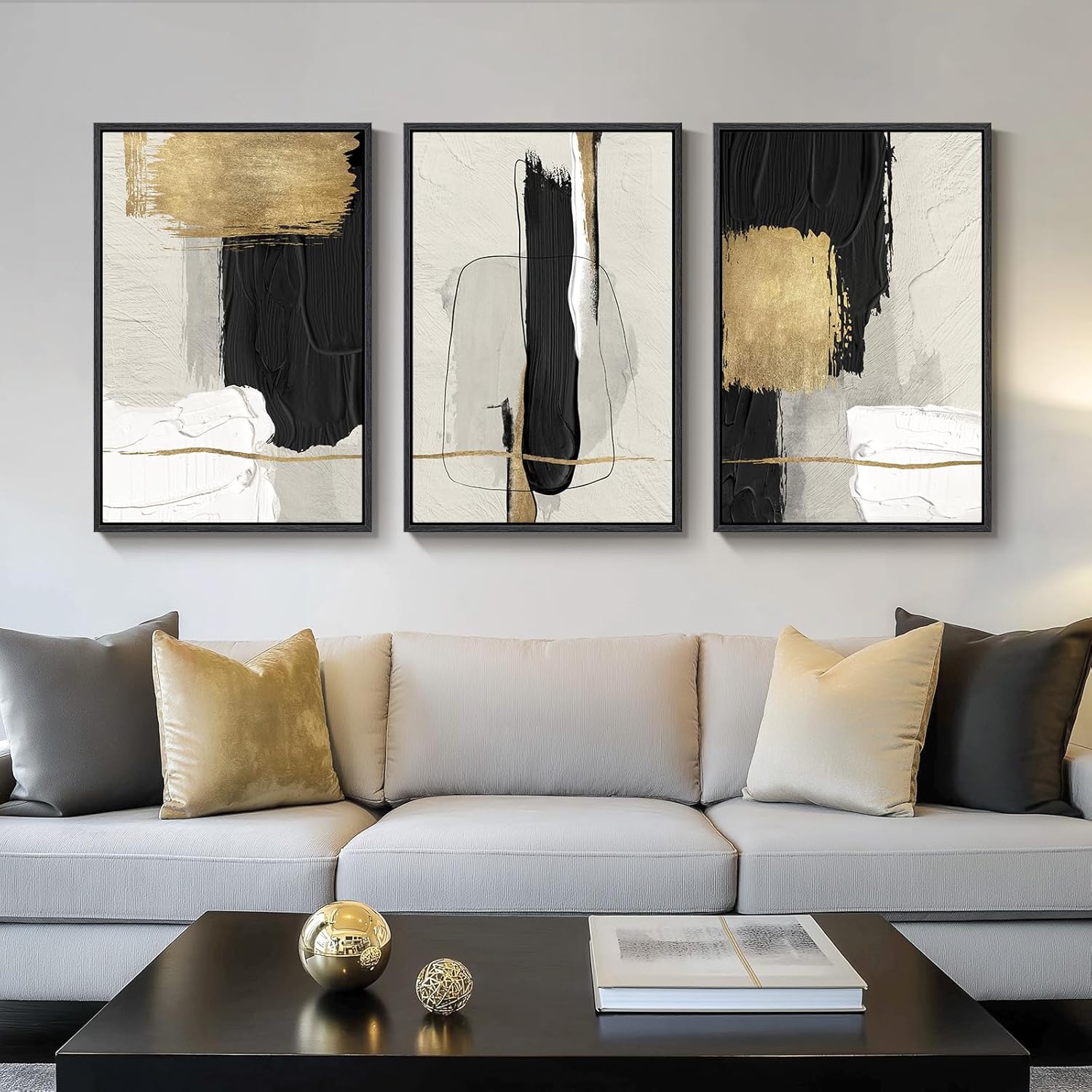 Large Framed Boho Modern Neutral Abstract Wall Art for Living Room, 3 Piece Black and White Canvas Prints Paintings Artwork for Walls