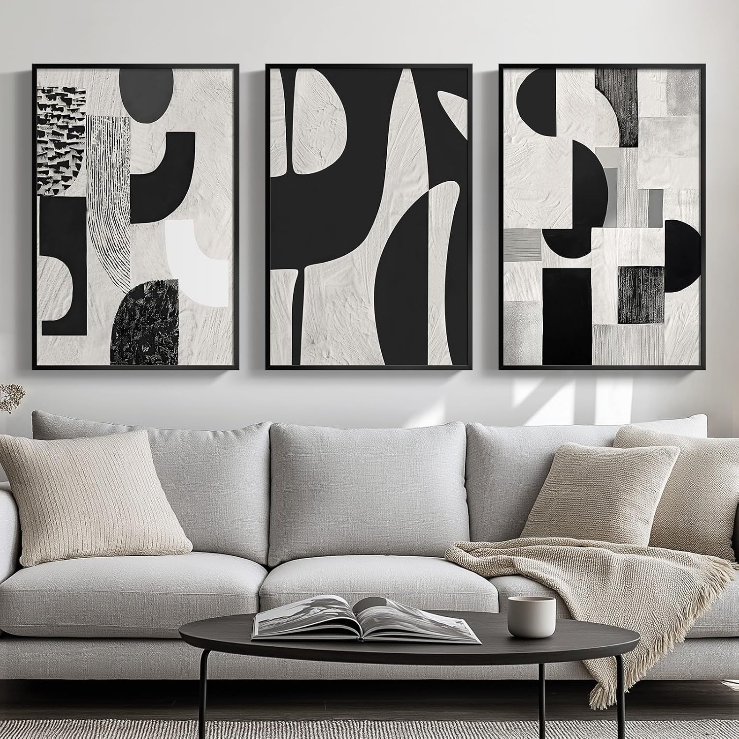 Large Framed Boho Modern Neutral Abstract Wall Art for Living Room, 3 Piece Black and White Canvas Prints Paintings Artwork for Walls