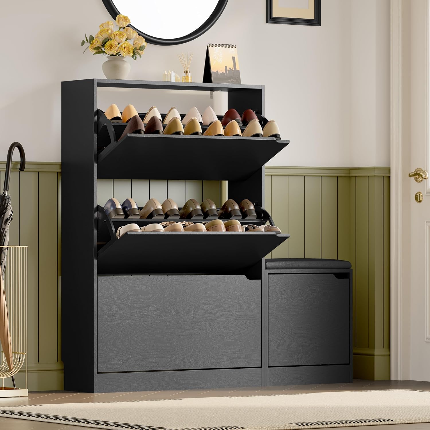 BORNOON Shoe Cabinet with Odor Control and Back Panels, Deodorizing Slim 3-Flip Shoe Storage Cabinet for Entryway